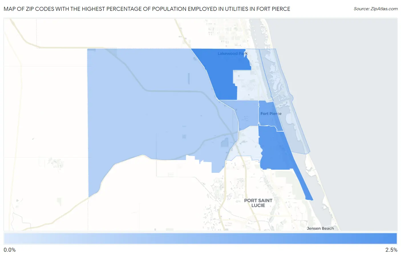 Zip Codes with the Highest Percentage of Population Employed in Utilities in Fort Pierce Map