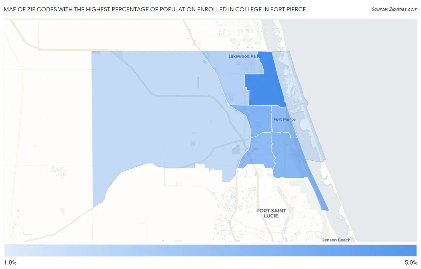 Zip Codes with the Highest Percentage of Population Enrolled in College in Fort Pierce Map