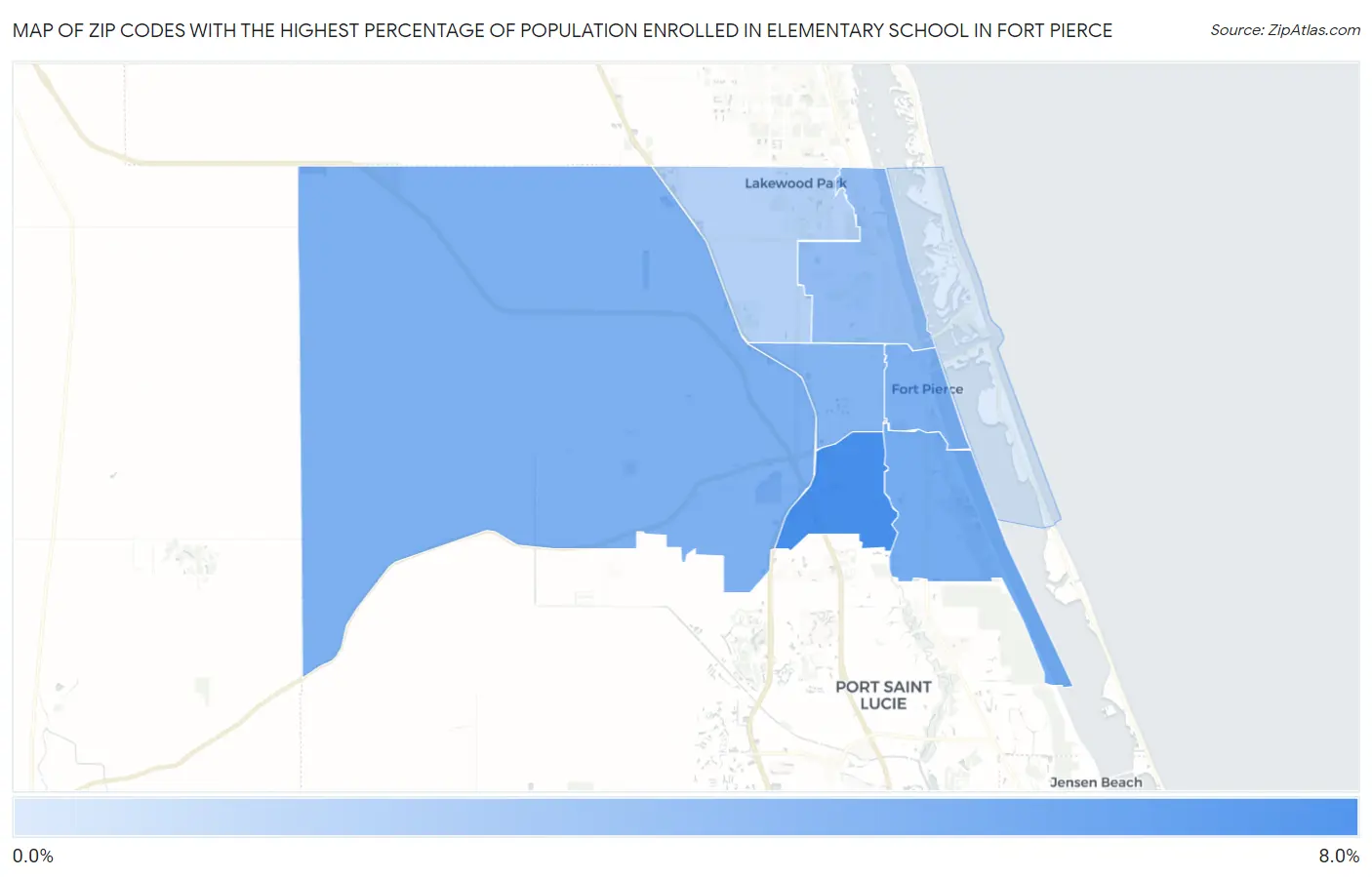 Zip Codes with the Highest Percentage of Population Enrolled in Elementary School in Fort Pierce Map