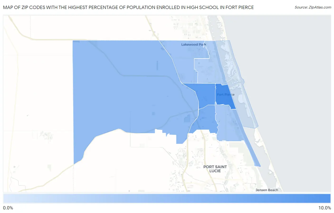 Zip Codes with the Highest Percentage of Population Enrolled in High School in Fort Pierce Map