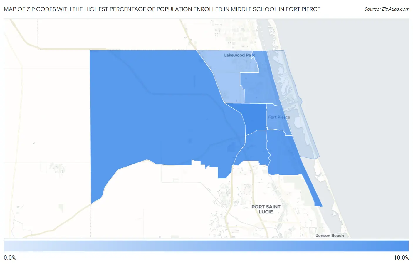 Zip Codes with the Highest Percentage of Population Enrolled in Middle School in Fort Pierce Map