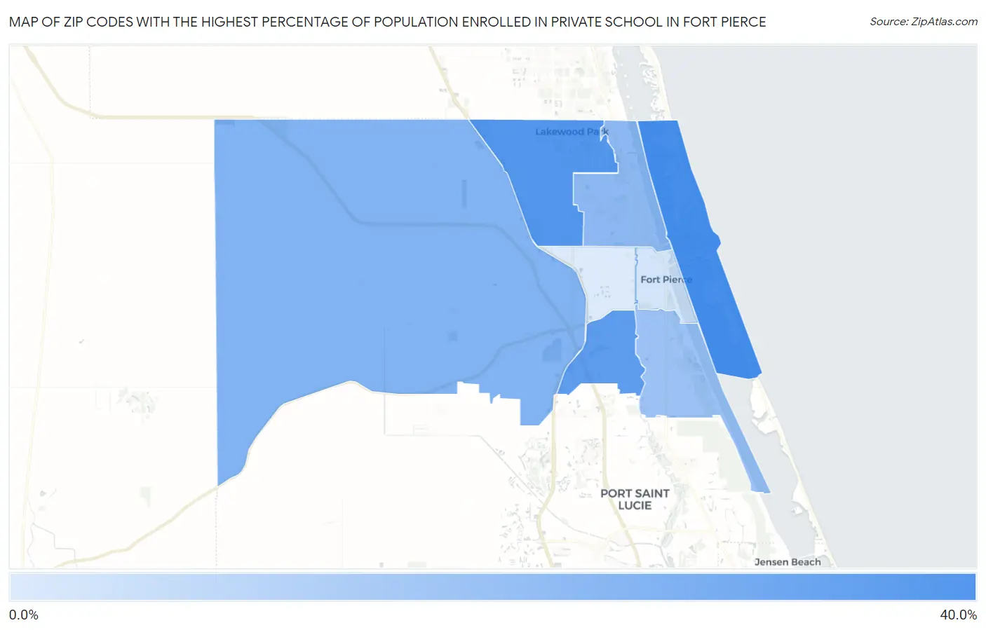 Zip Codes with the Highest Percentage of Population Enrolled in Private School in Fort Pierce Map
