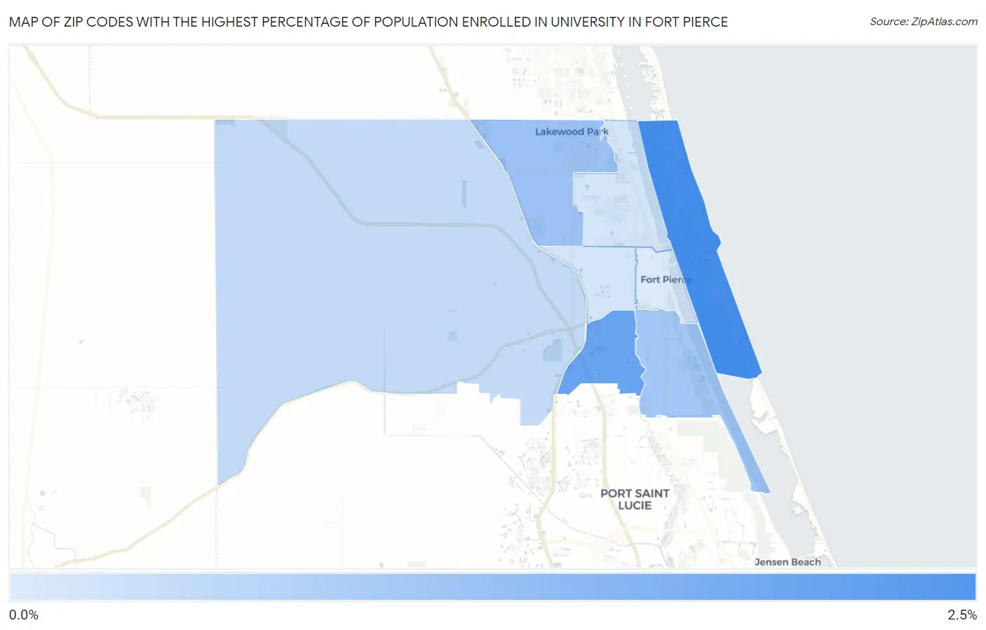 Zip Codes with the Highest Percentage of Population Enrolled in University in Fort Pierce Map