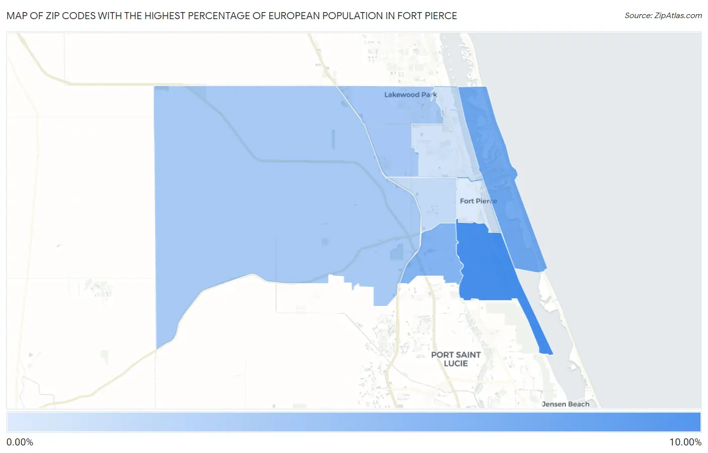 Zip Codes with the Highest Percentage of European Population in Fort Pierce Map