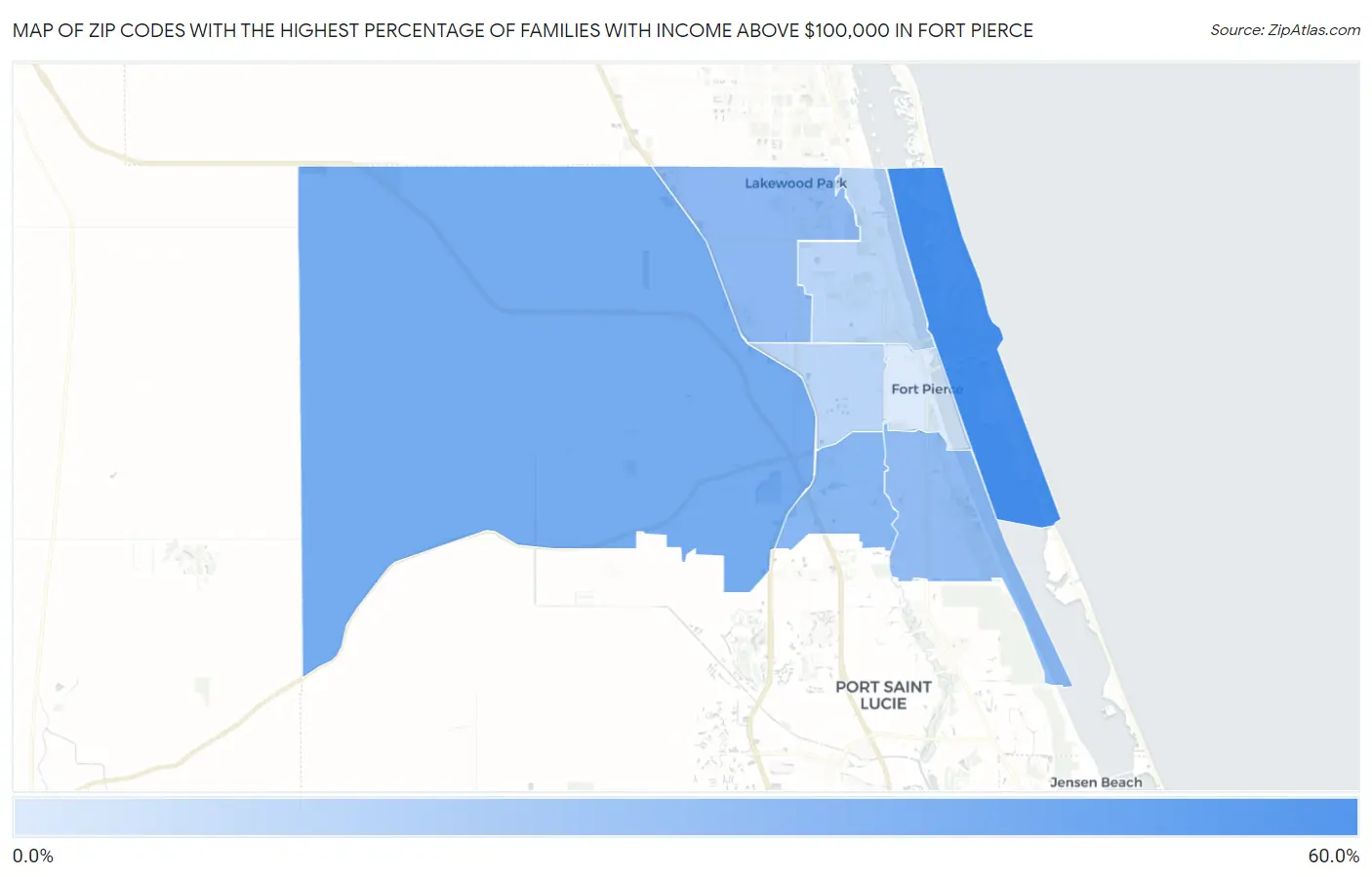 Zip Codes with the Highest Percentage of Families with Income Above $100,000 in Fort Pierce Map