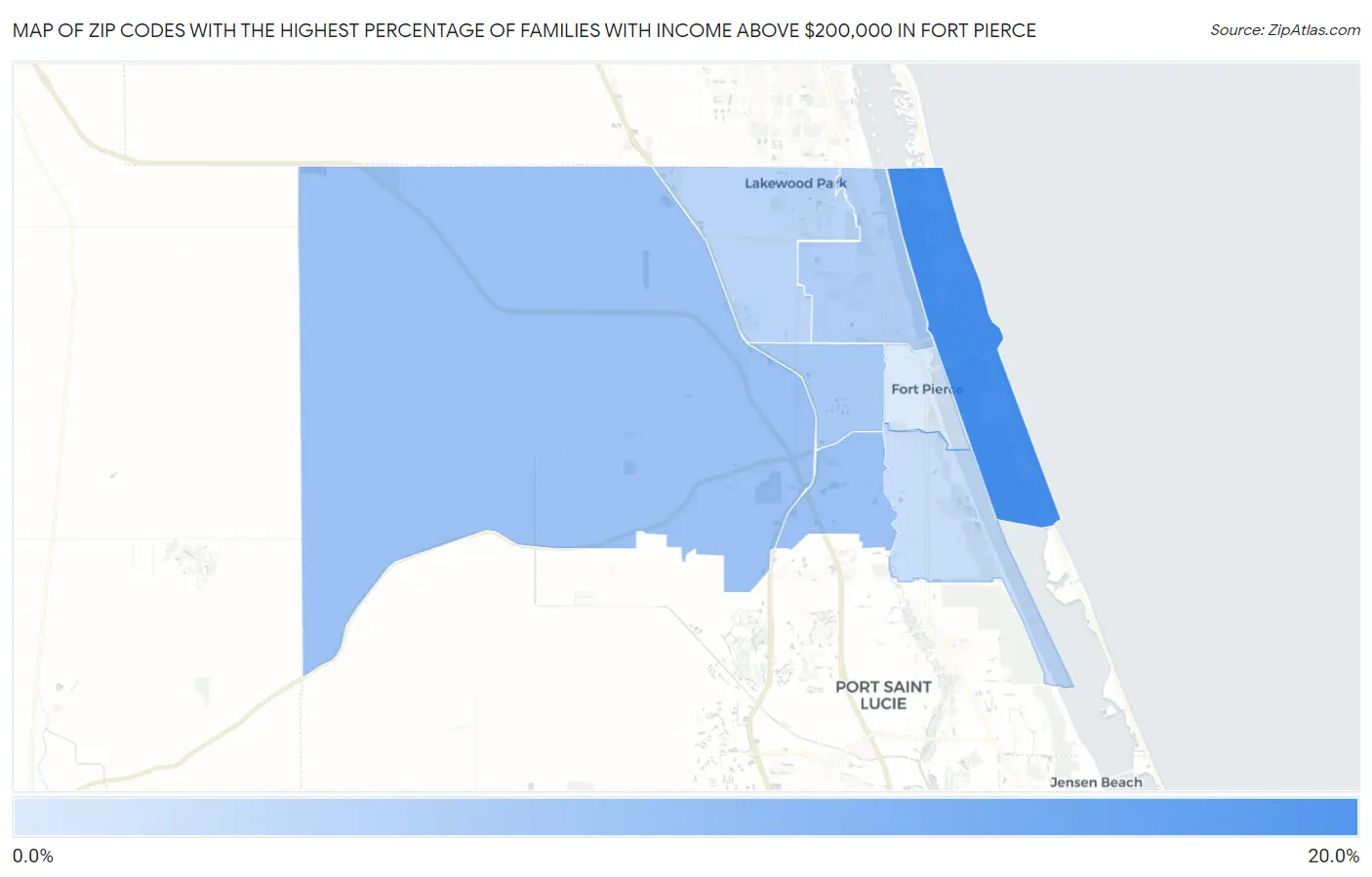 Zip Codes with the Highest Percentage of Families with Income Above $200,000 in Fort Pierce Map