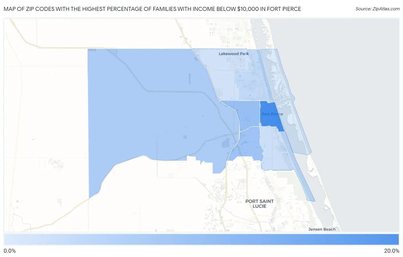 Zip Codes with the Highest Percentage of Families with Income Below $10,000 in Fort Pierce Map