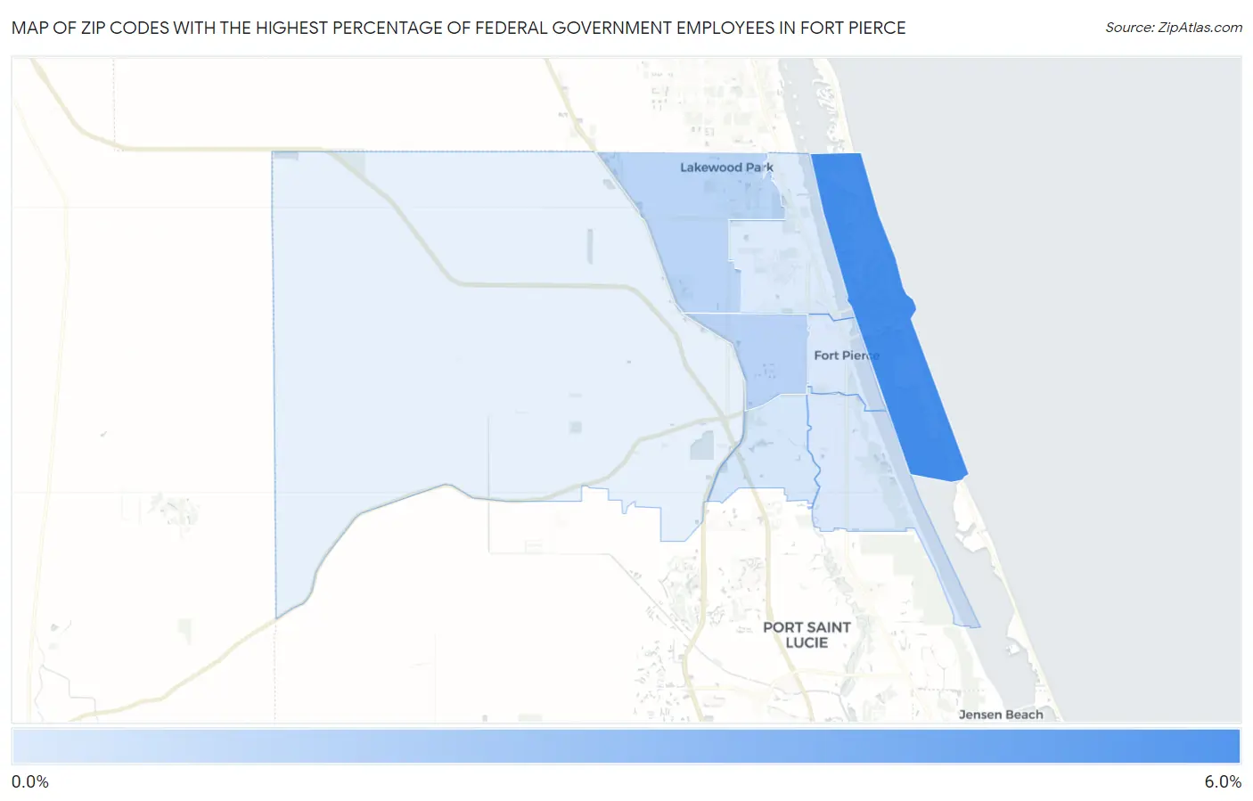 Zip Codes with the Highest Percentage of Federal Government Employees in Fort Pierce Map