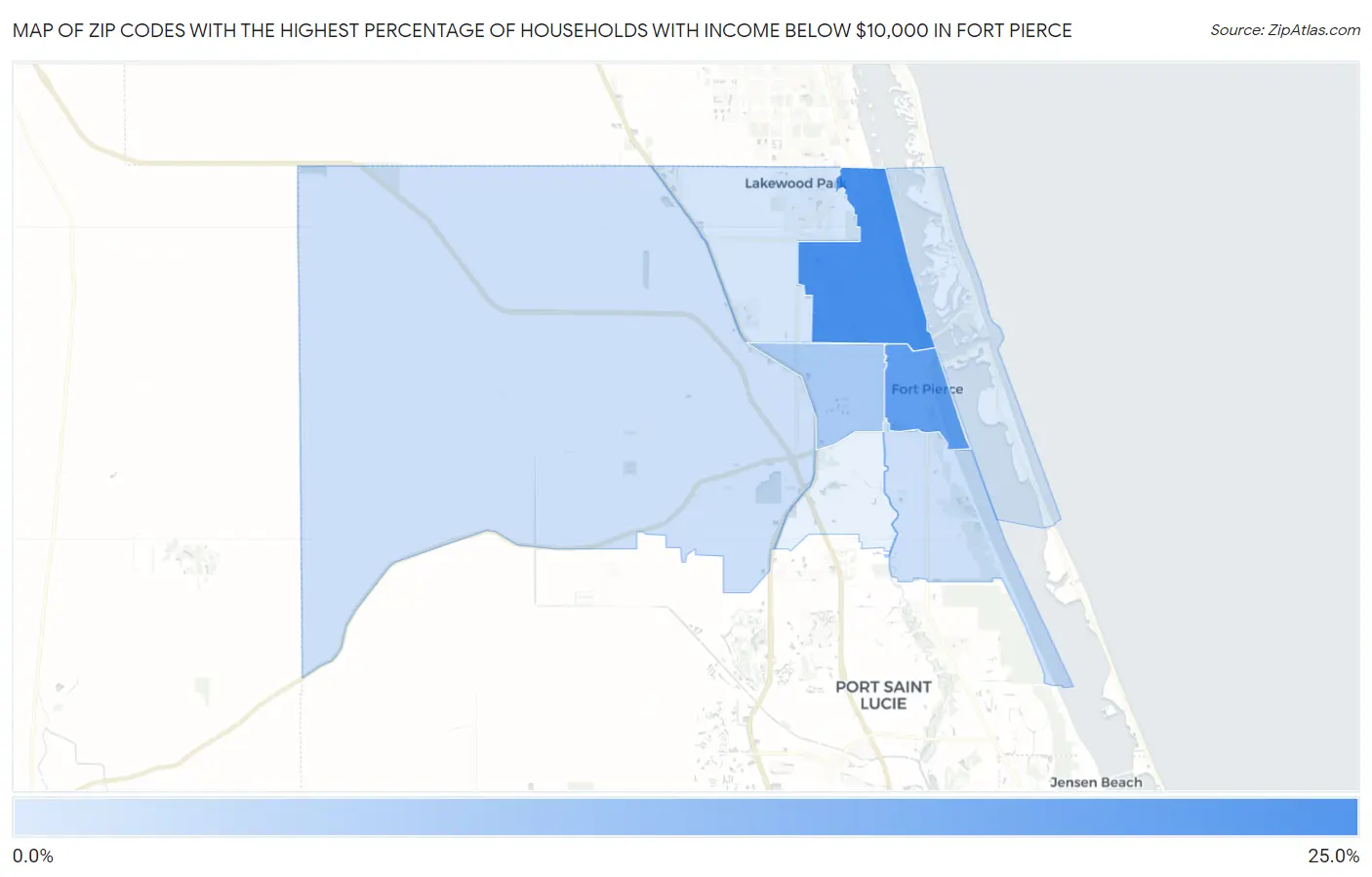 Zip Codes with the Highest Percentage of Households with Income Below $10,000 in Fort Pierce Map