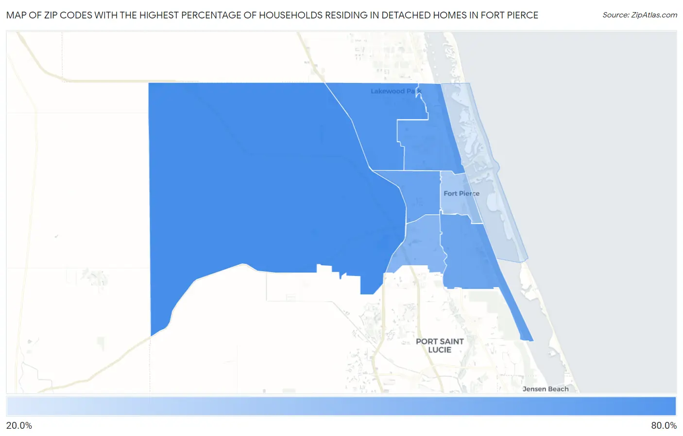Zip Codes with the Highest Percentage of Households Residing in Detached Homes in Fort Pierce Map