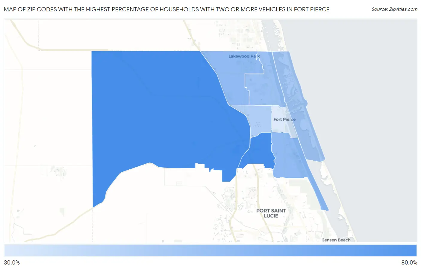 Zip Codes with the Highest Percentage of Households With Two or more Vehicles in Fort Pierce Map