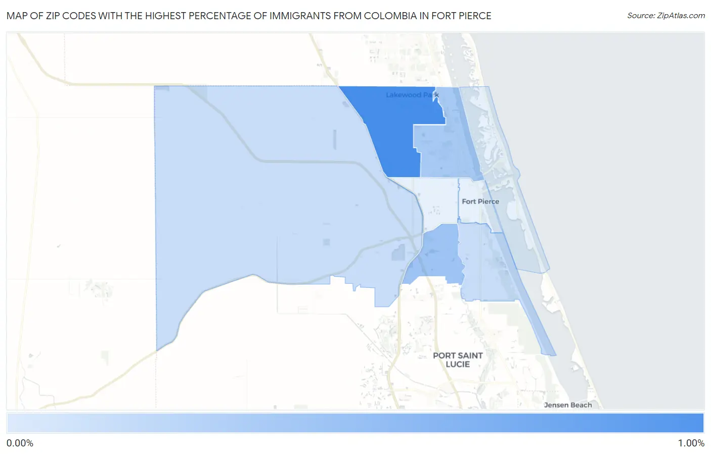 Zip Codes with the Highest Percentage of Immigrants from Colombia in Fort Pierce Map