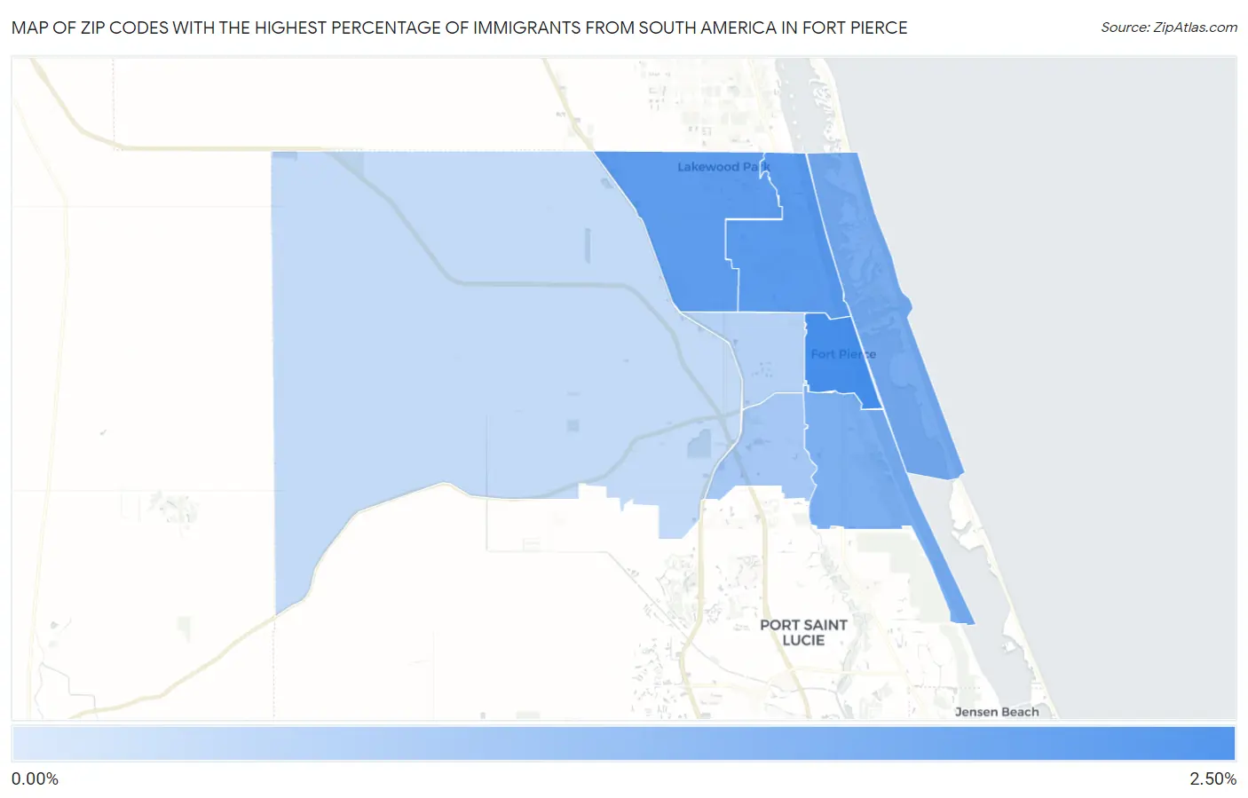 Zip Codes with the Highest Percentage of Immigrants from South America in Fort Pierce Map