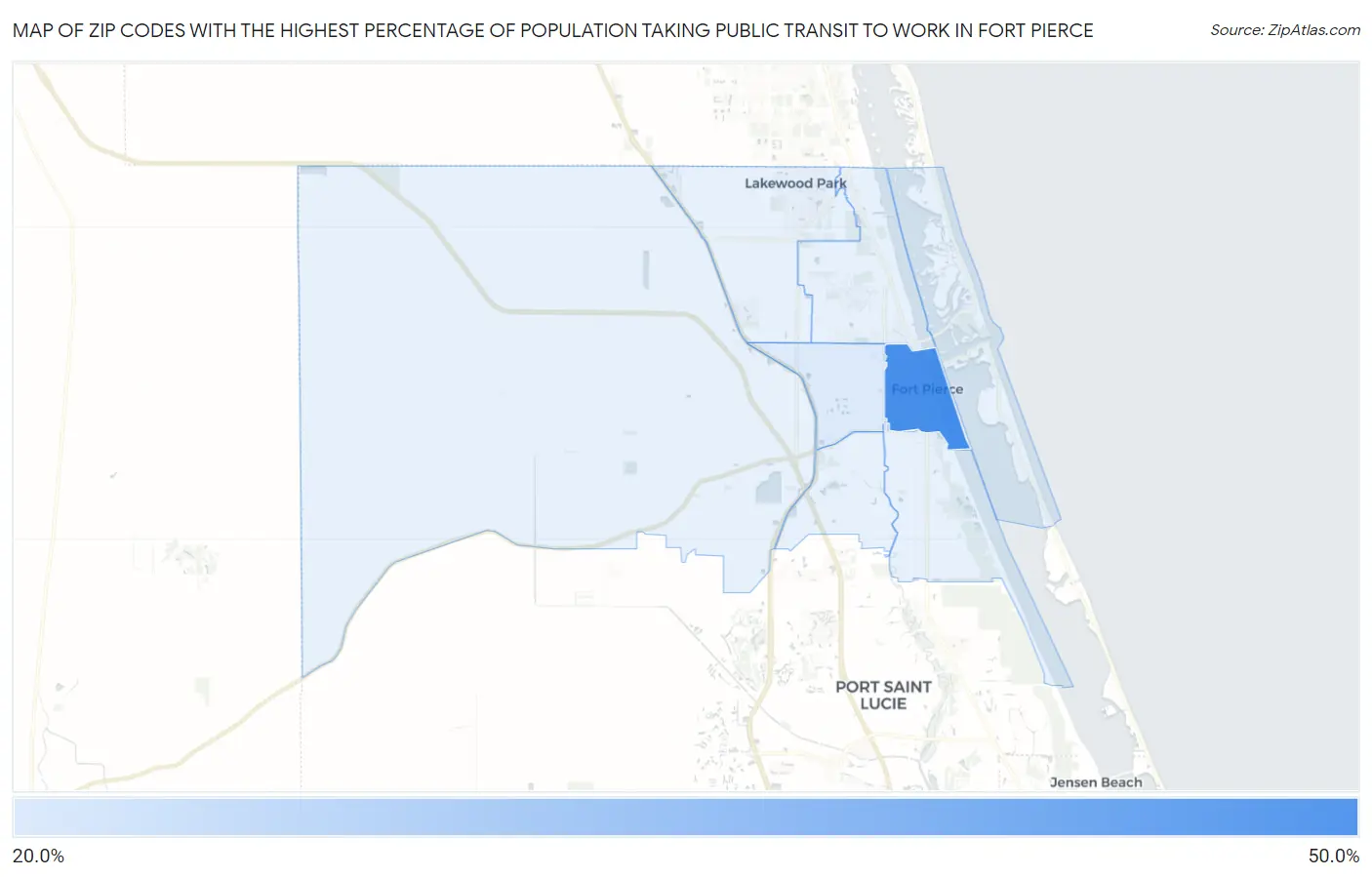Zip Codes with the Highest Percentage of Population Taking Public Transit to Work in Fort Pierce Map