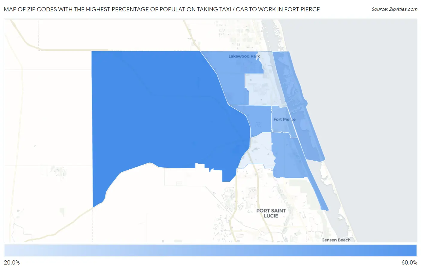 Zip Codes with the Highest Percentage of Population Taking Taxi / Cab to Work in Fort Pierce Map
