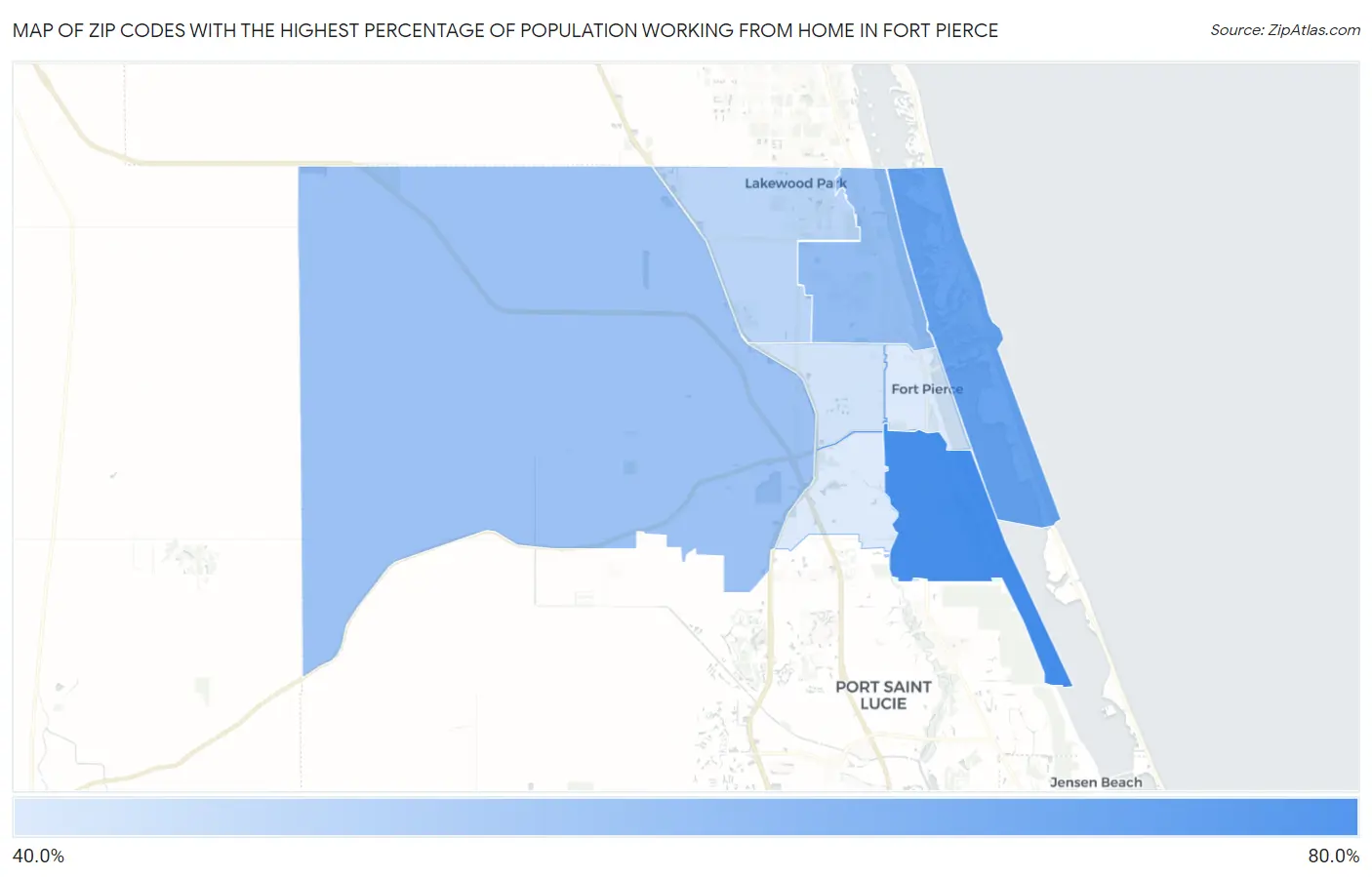 Zip Codes with the Highest Percentage of Population Working from Home in Fort Pierce Map