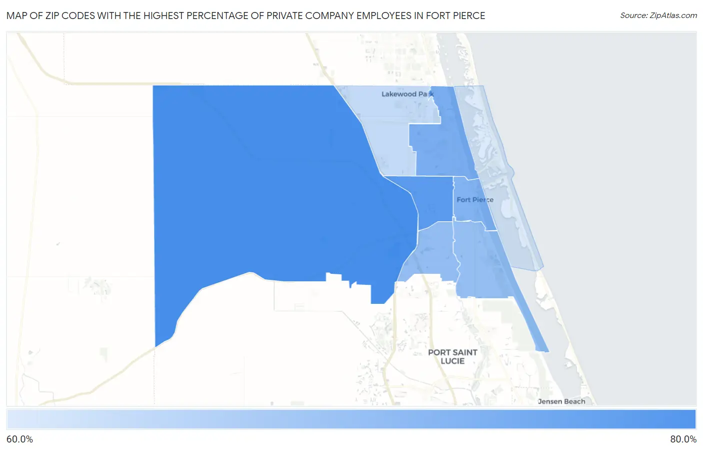 Zip Codes with the Highest Percentage of Private Company Employees in Fort Pierce Map