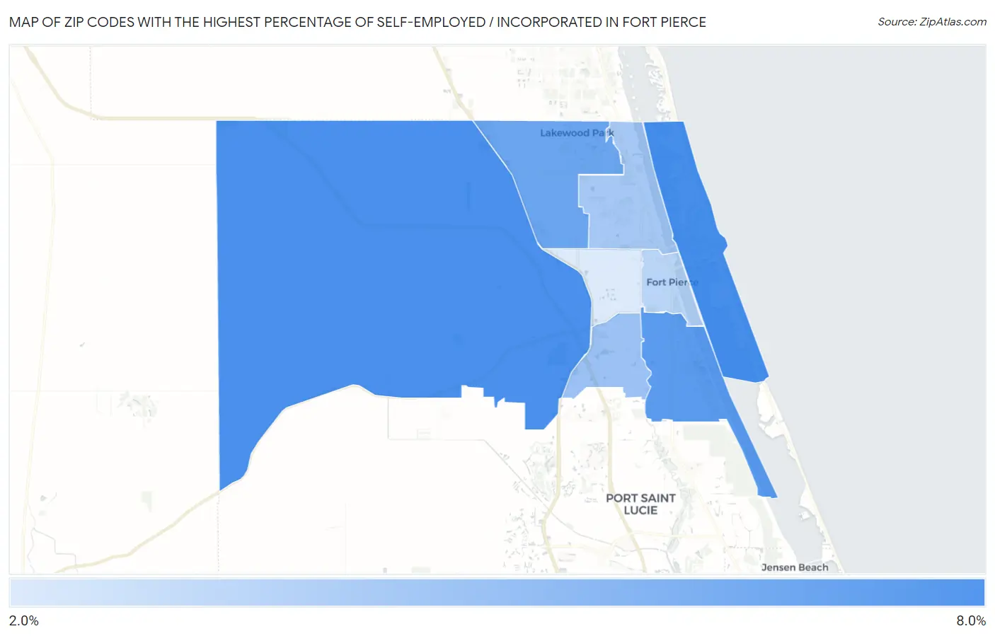 Zip Codes with the Highest Percentage of Self-Employed / Incorporated in Fort Pierce Map