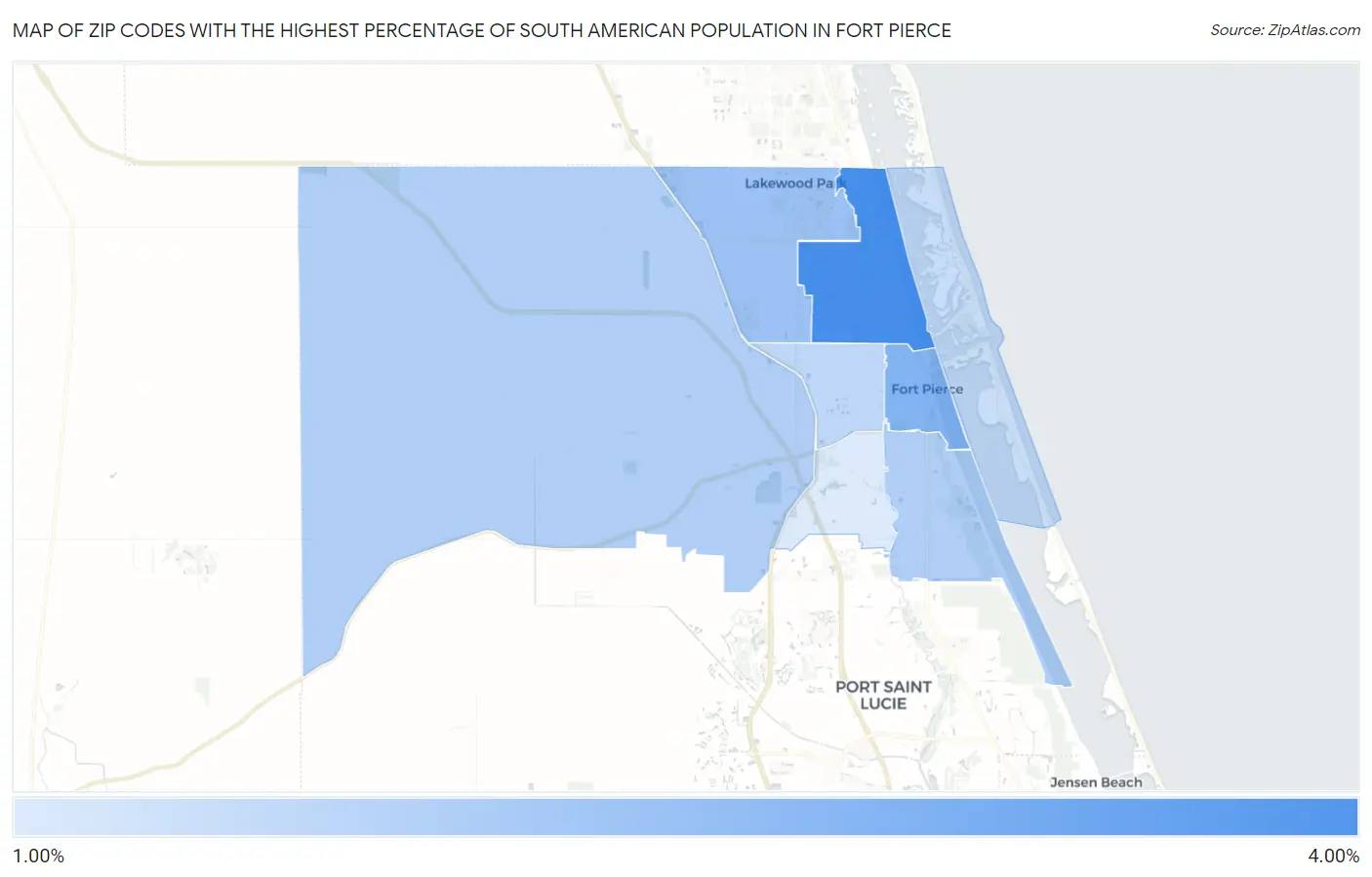 Zip Codes with the Highest Percentage of South American Population in Fort Pierce Map