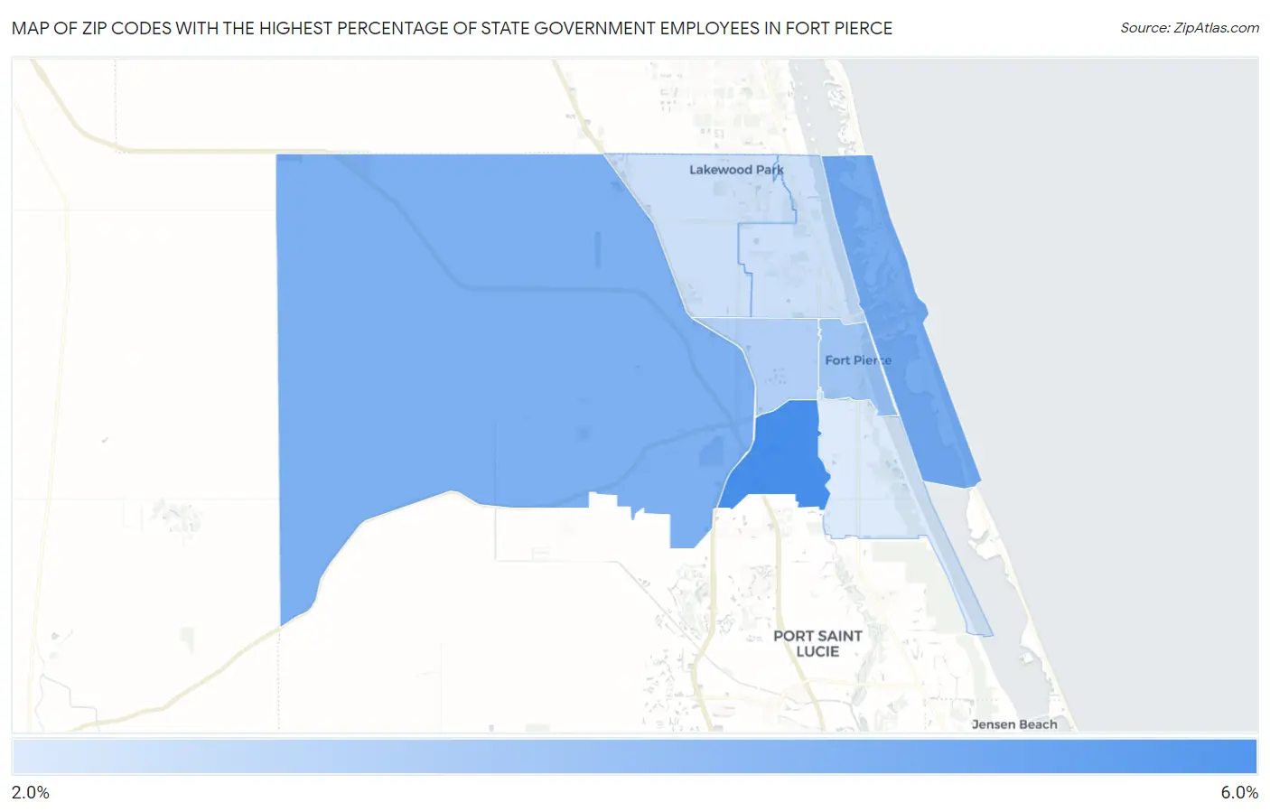 Zip Codes with the Highest Percentage of State Government Employees in Fort Pierce Map
