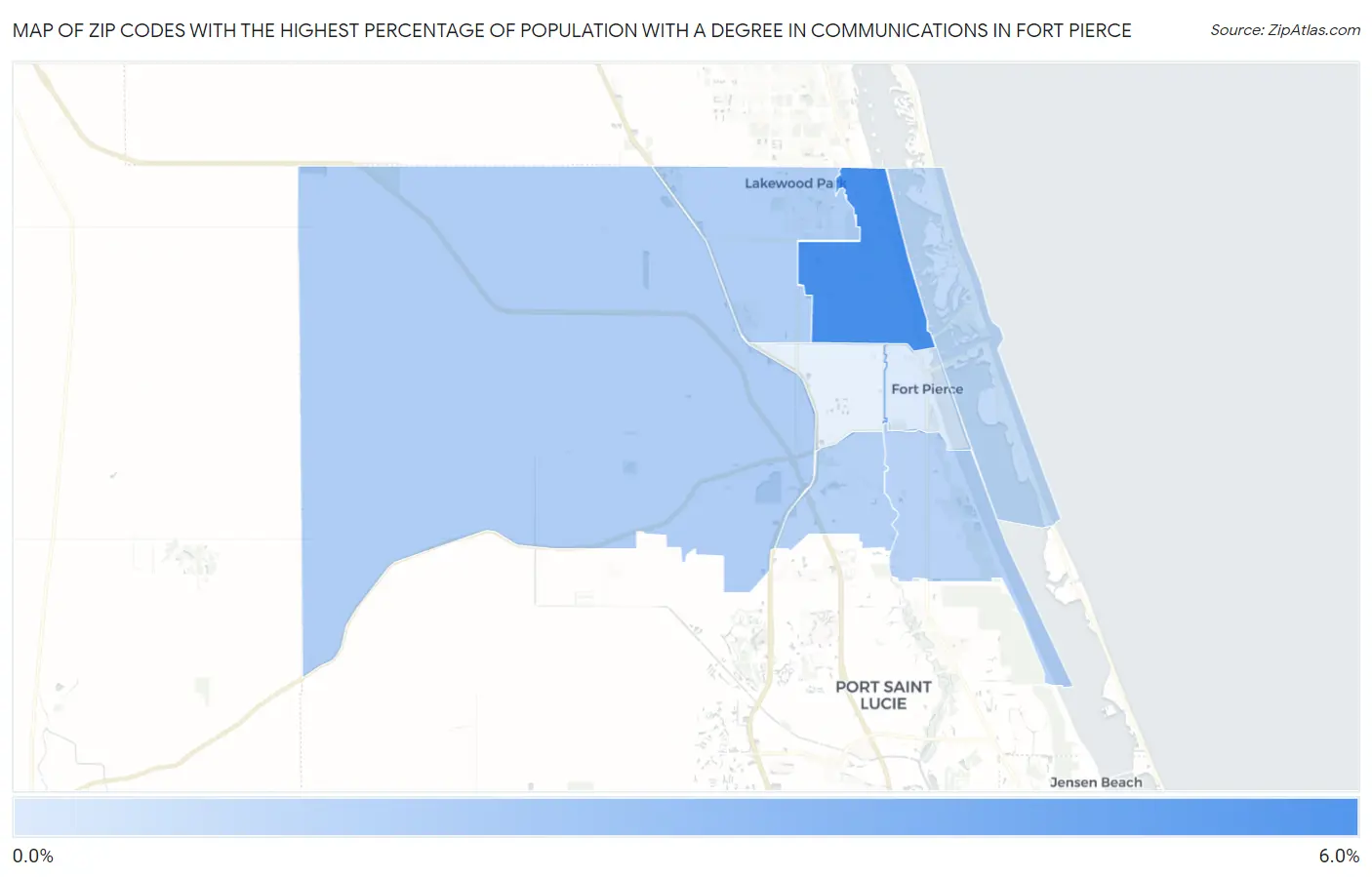 Zip Codes with the Highest Percentage of Population with a Degree in Communications in Fort Pierce Map