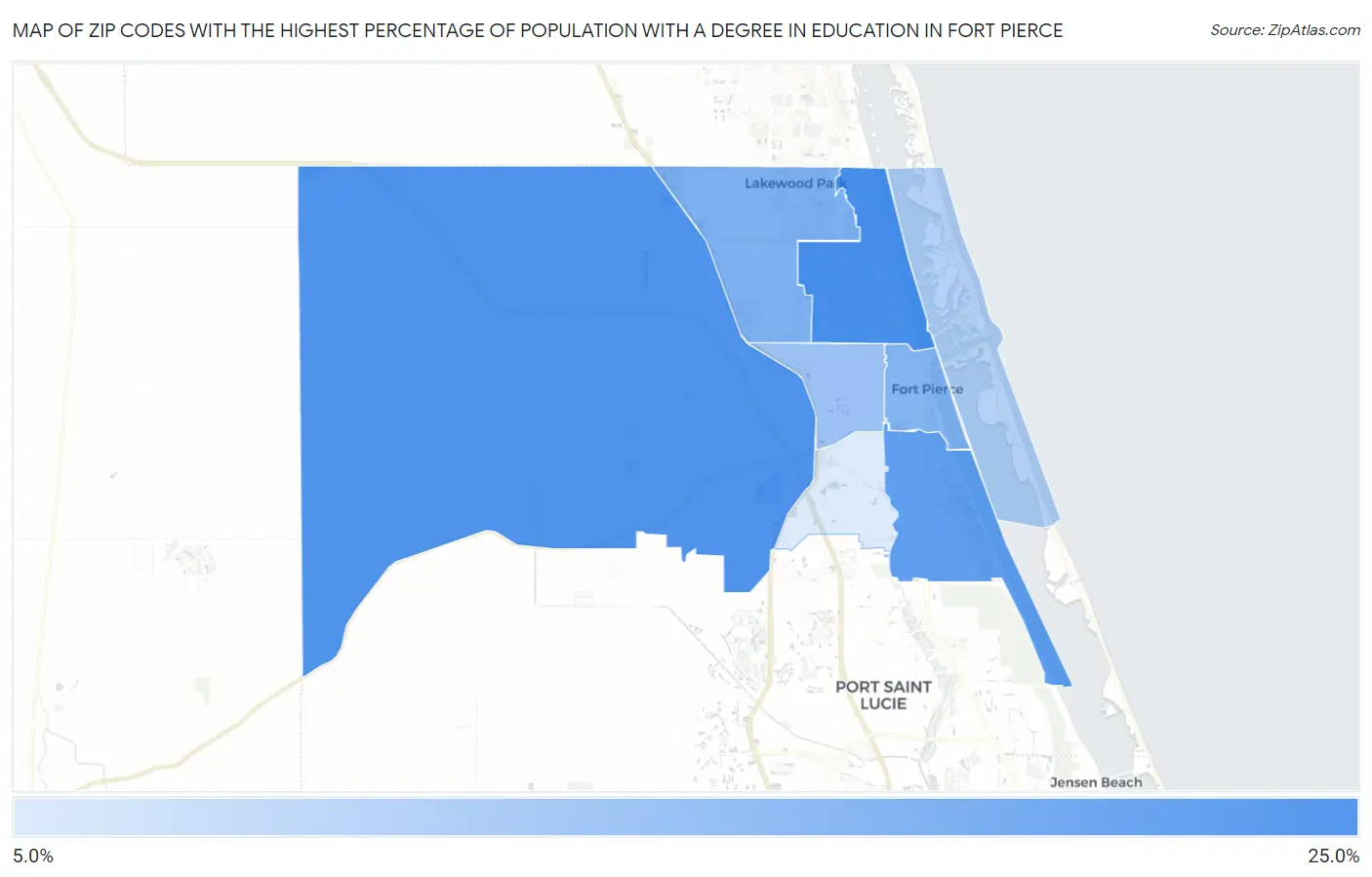 Zip Codes with the Highest Percentage of Population with a Degree in Education in Fort Pierce Map