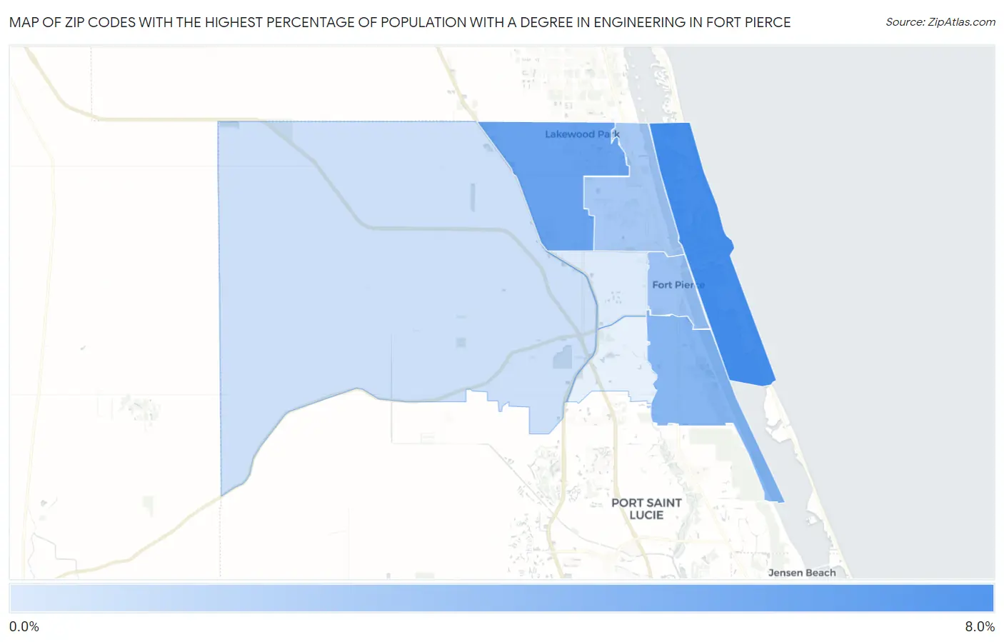 Zip Codes with the Highest Percentage of Population with a Degree in Engineering in Fort Pierce Map