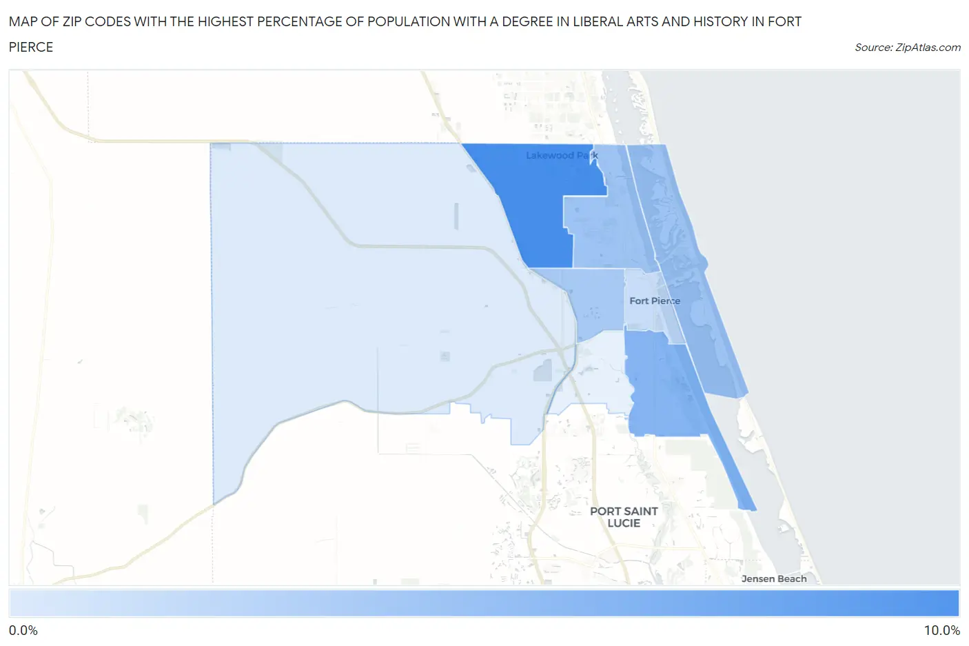Zip Codes with the Highest Percentage of Population with a Degree in Liberal Arts and History in Fort Pierce Map