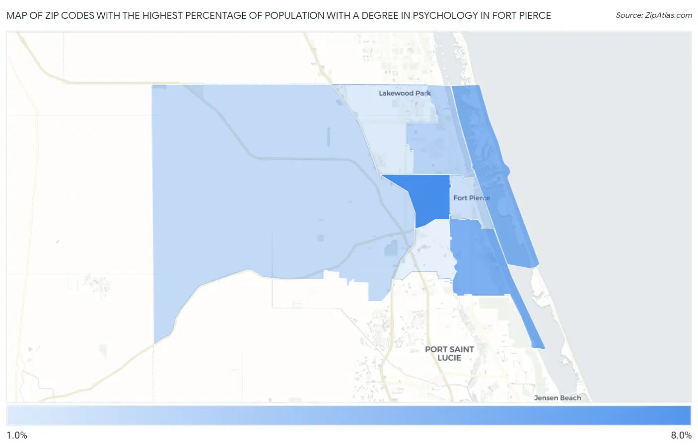 Zip Codes with the Highest Percentage of Population with a Degree in Psychology in Fort Pierce Map