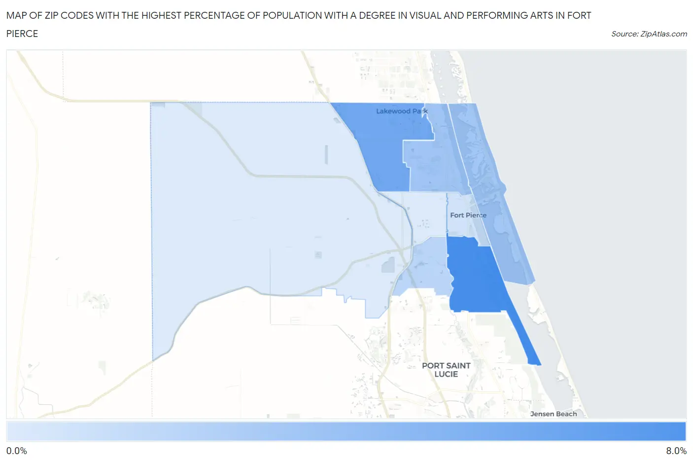 Zip Codes with the Highest Percentage of Population with a Degree in Visual and Performing Arts in Fort Pierce Map