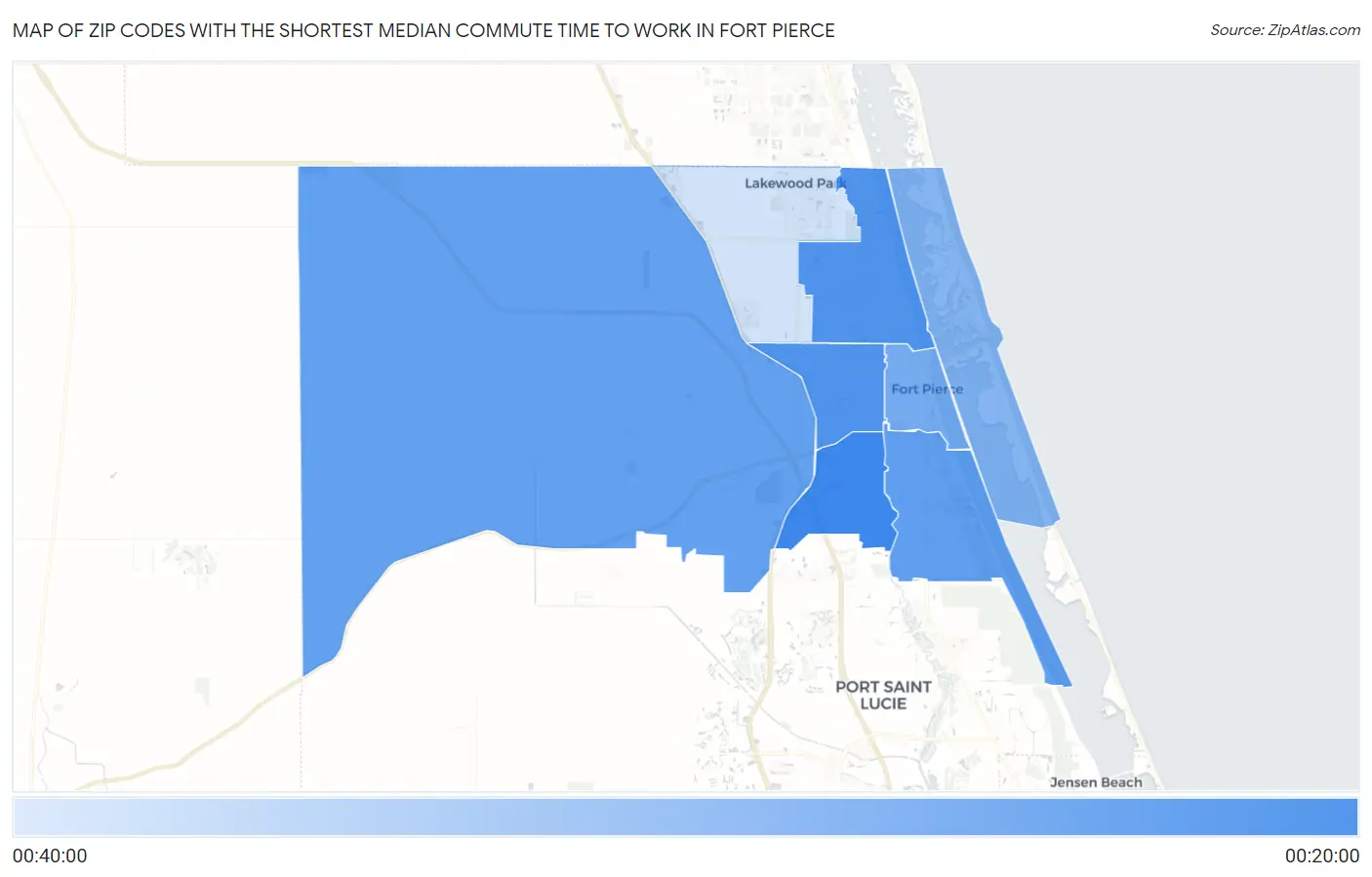 Zip Codes with the Shortest Median Commute Time to Work in Fort Pierce Map
