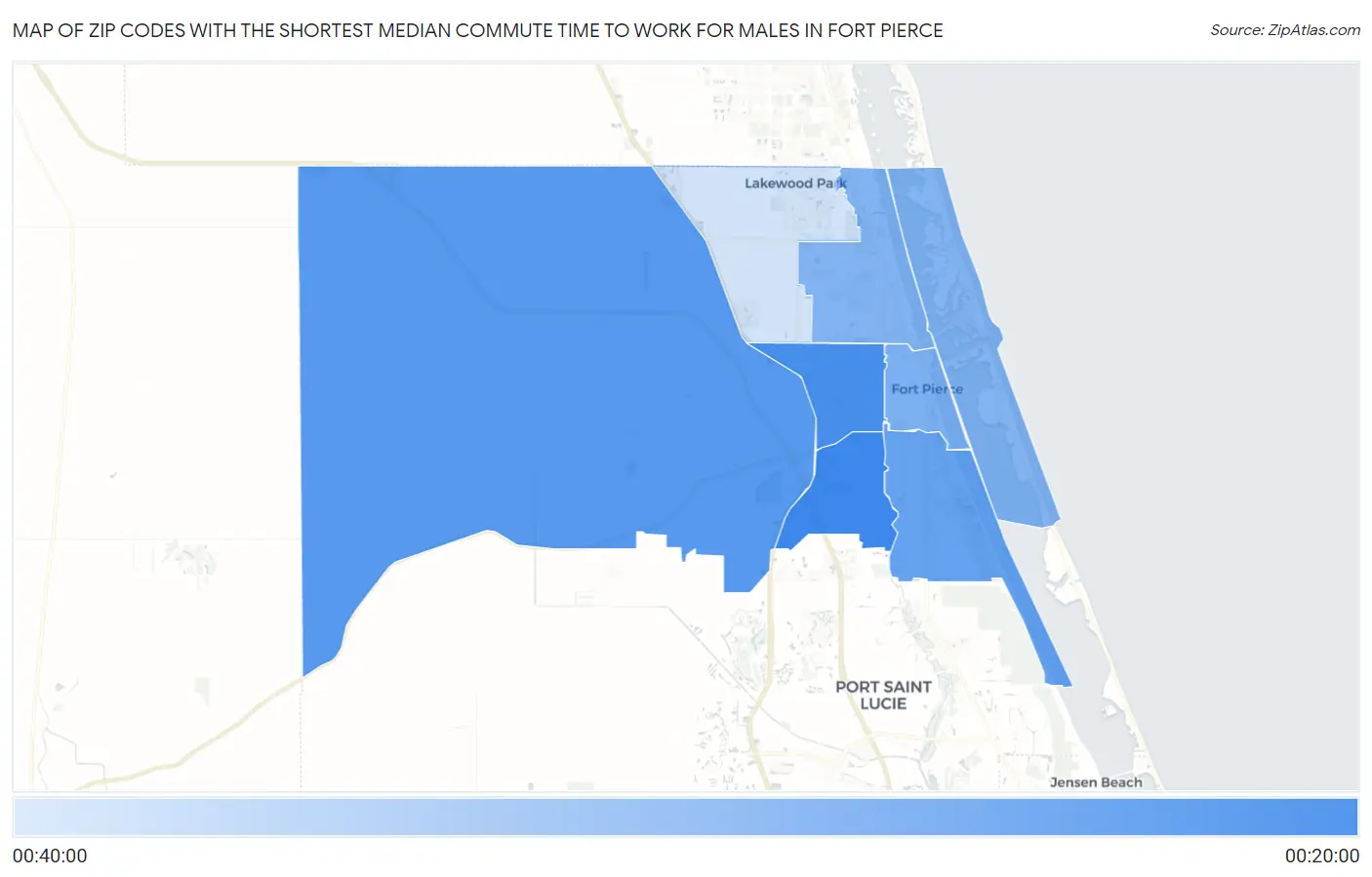 Zip Codes with the Shortest Median Commute Time to Work for Males in Fort Pierce Map