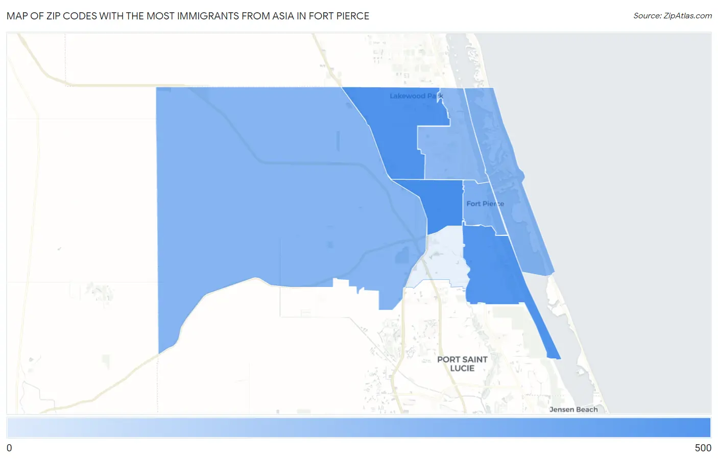 Zip Codes with the Most Immigrants from Asia in Fort Pierce Map