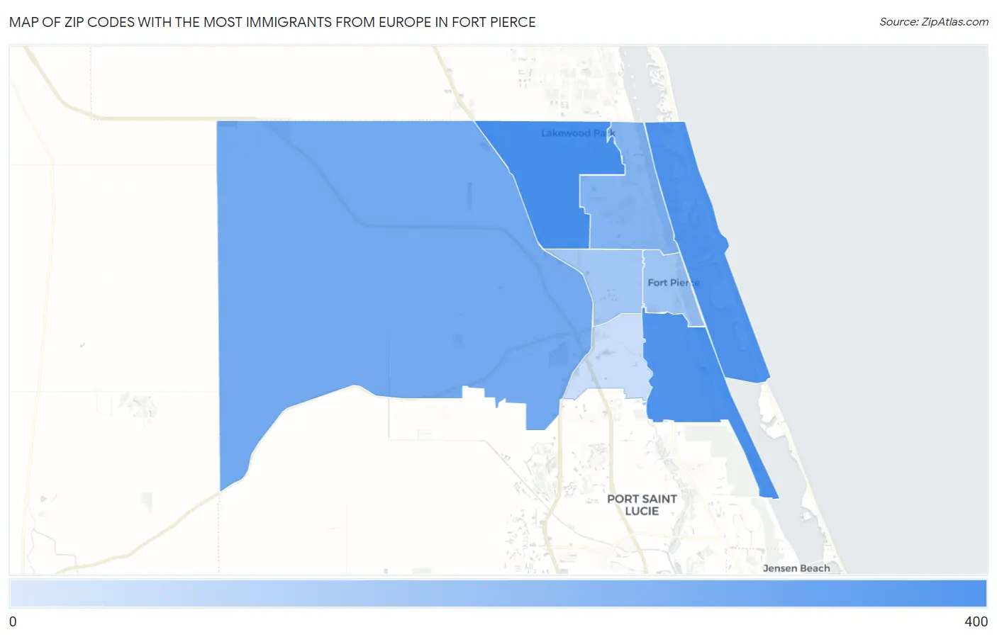 Zip Codes with the Most Immigrants from Europe in Fort Pierce Map