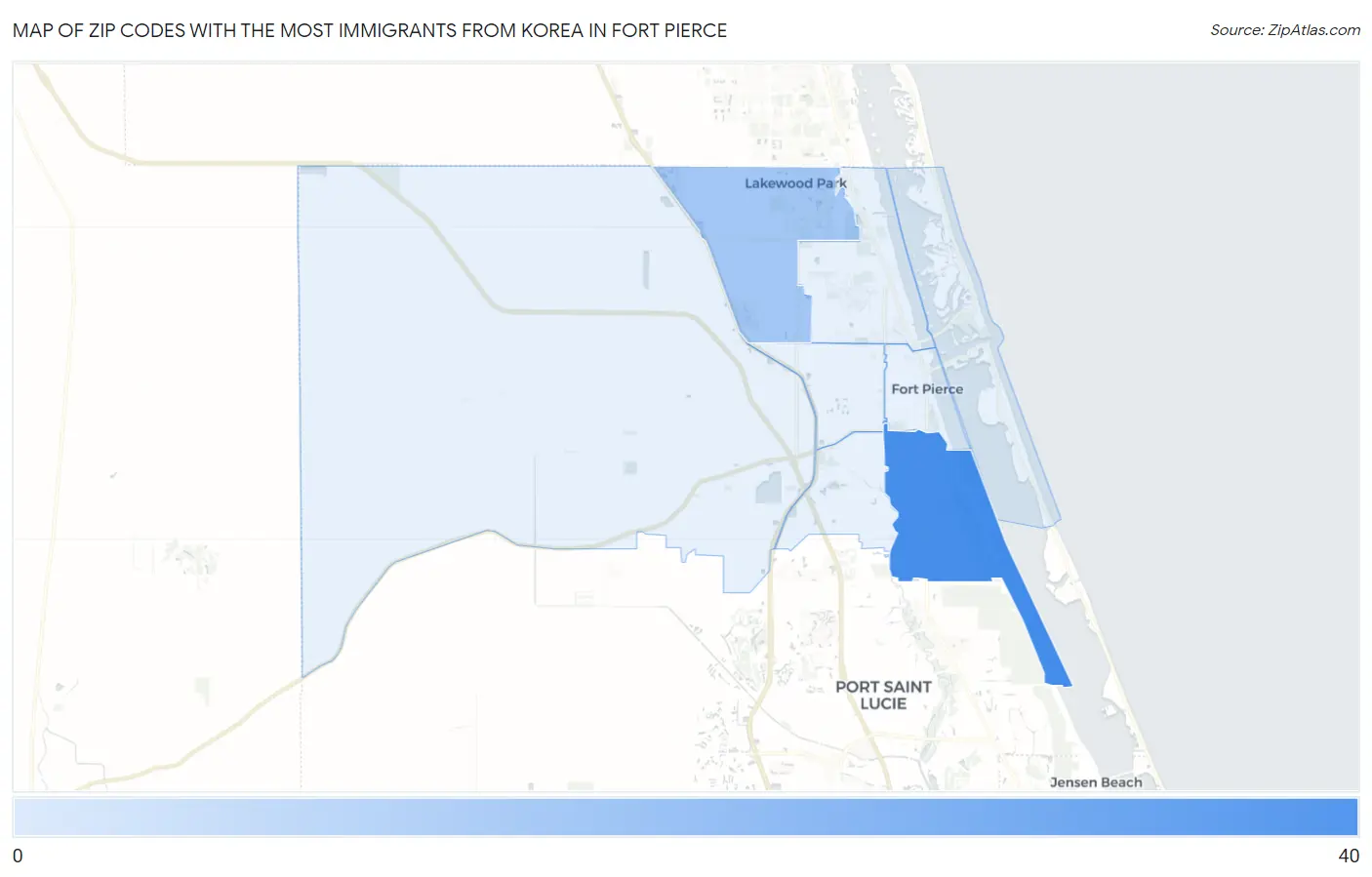 Zip Codes with the Most Immigrants from Korea in Fort Pierce Map