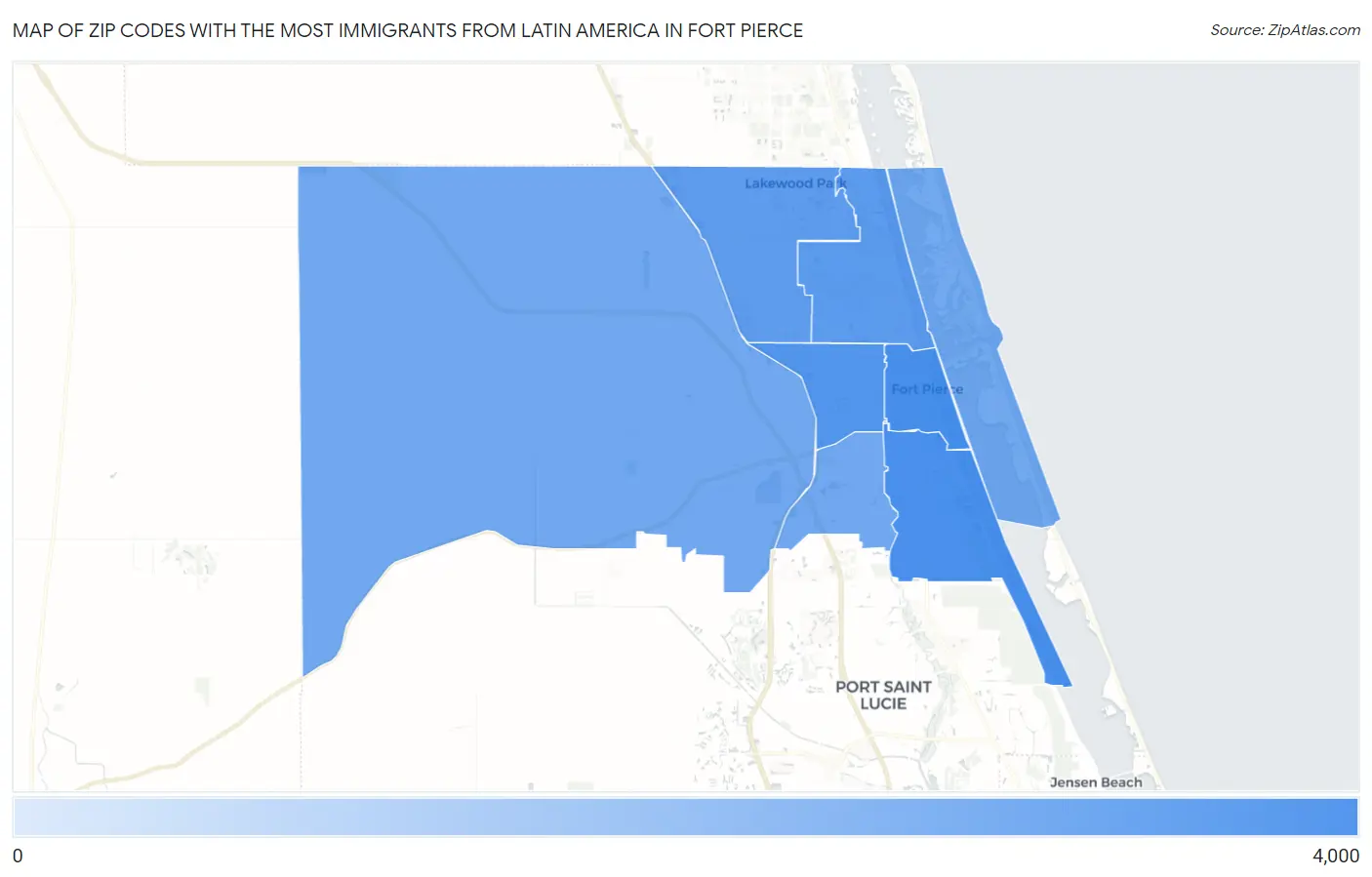 Zip Codes with the Most Immigrants from Latin America in Fort Pierce Map