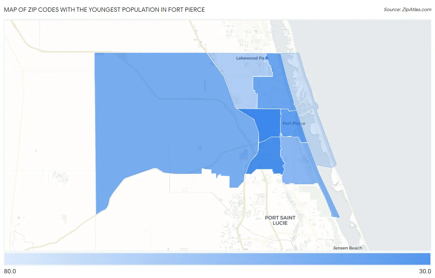Zip Codes with the Youngest Population in Fort Pierce Map