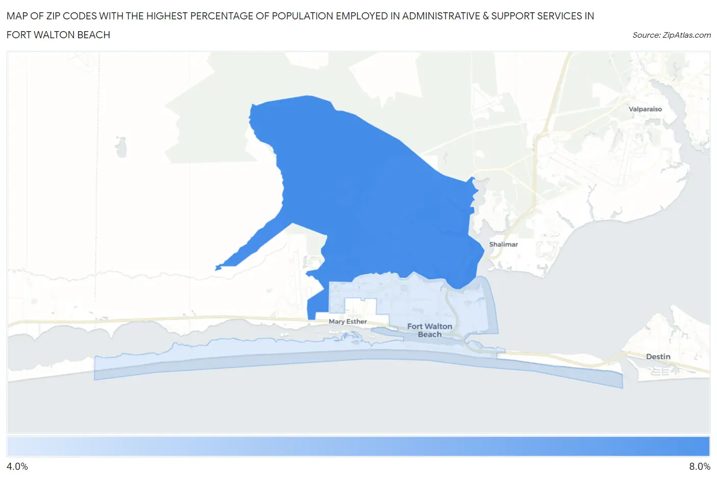 Zip Codes with the Highest Percentage of Population Employed in Administrative & Support Services in Fort Walton Beach Map