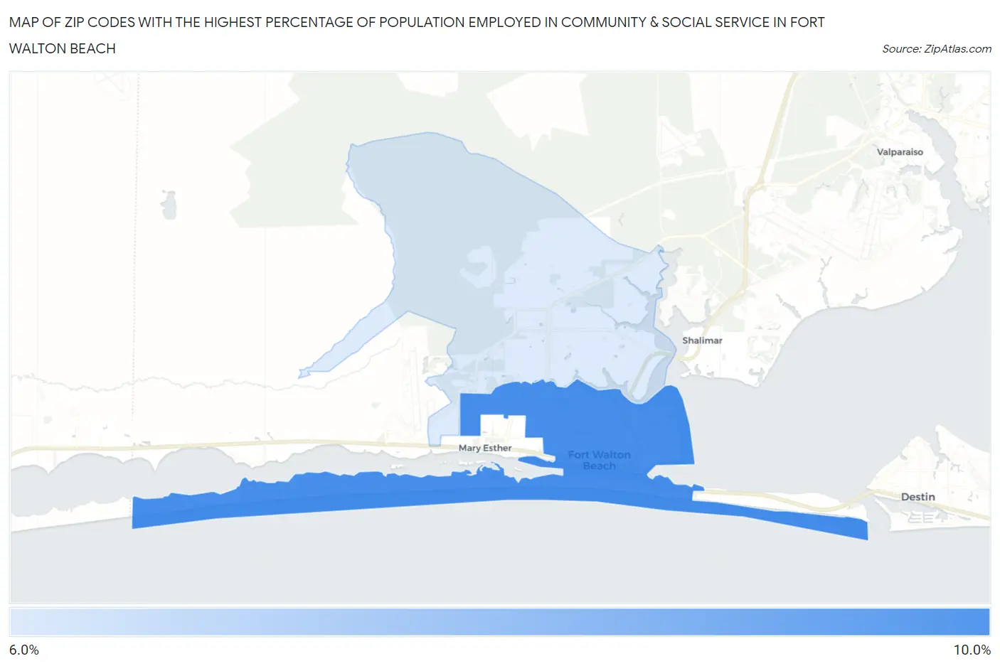 Zip Codes with the Highest Percentage of Population Employed in Community & Social Service  in Fort Walton Beach Map