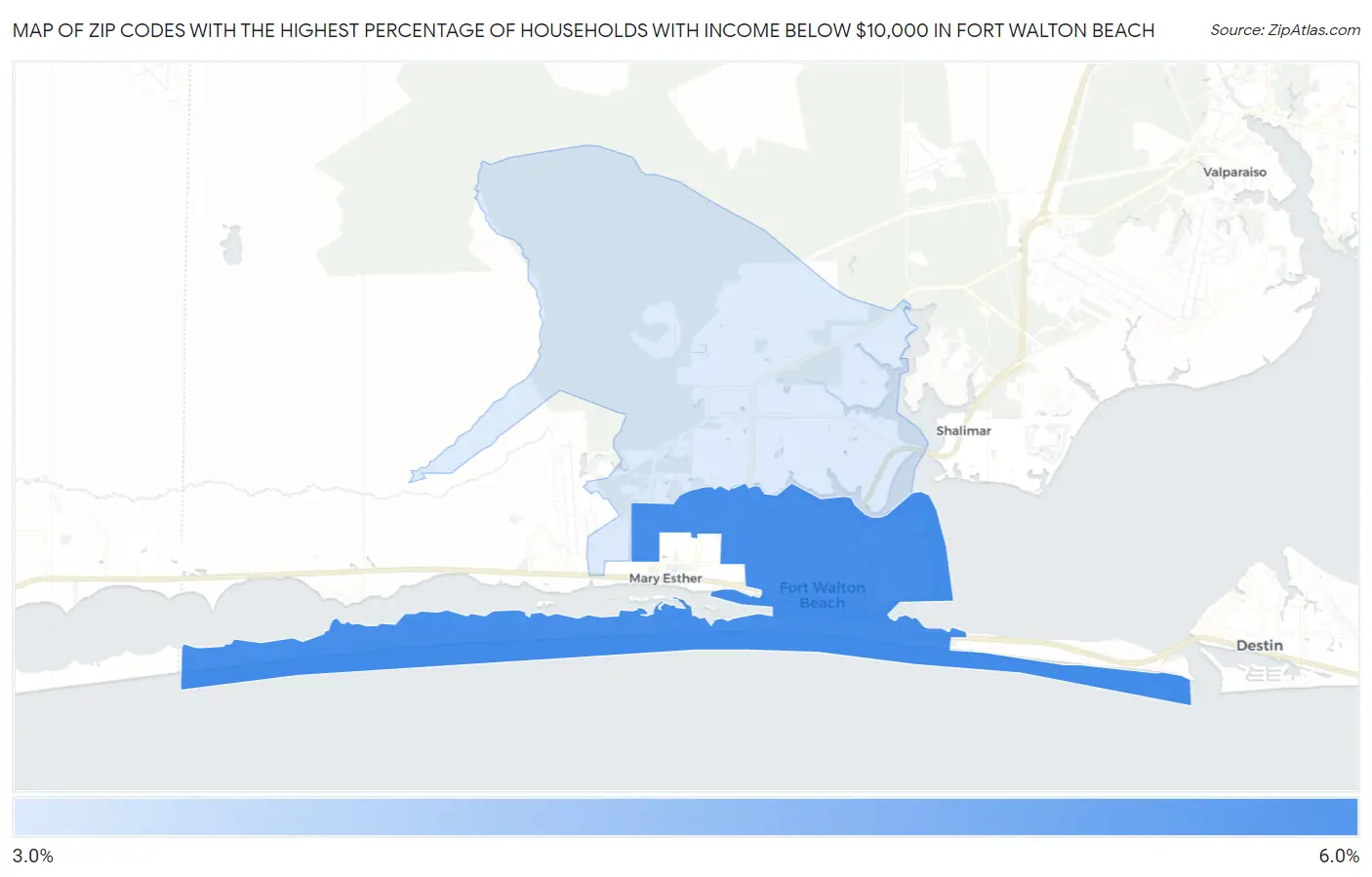 Zip Codes with the Highest Percentage of Households with Income Below $10,000 in Fort Walton Beach Map