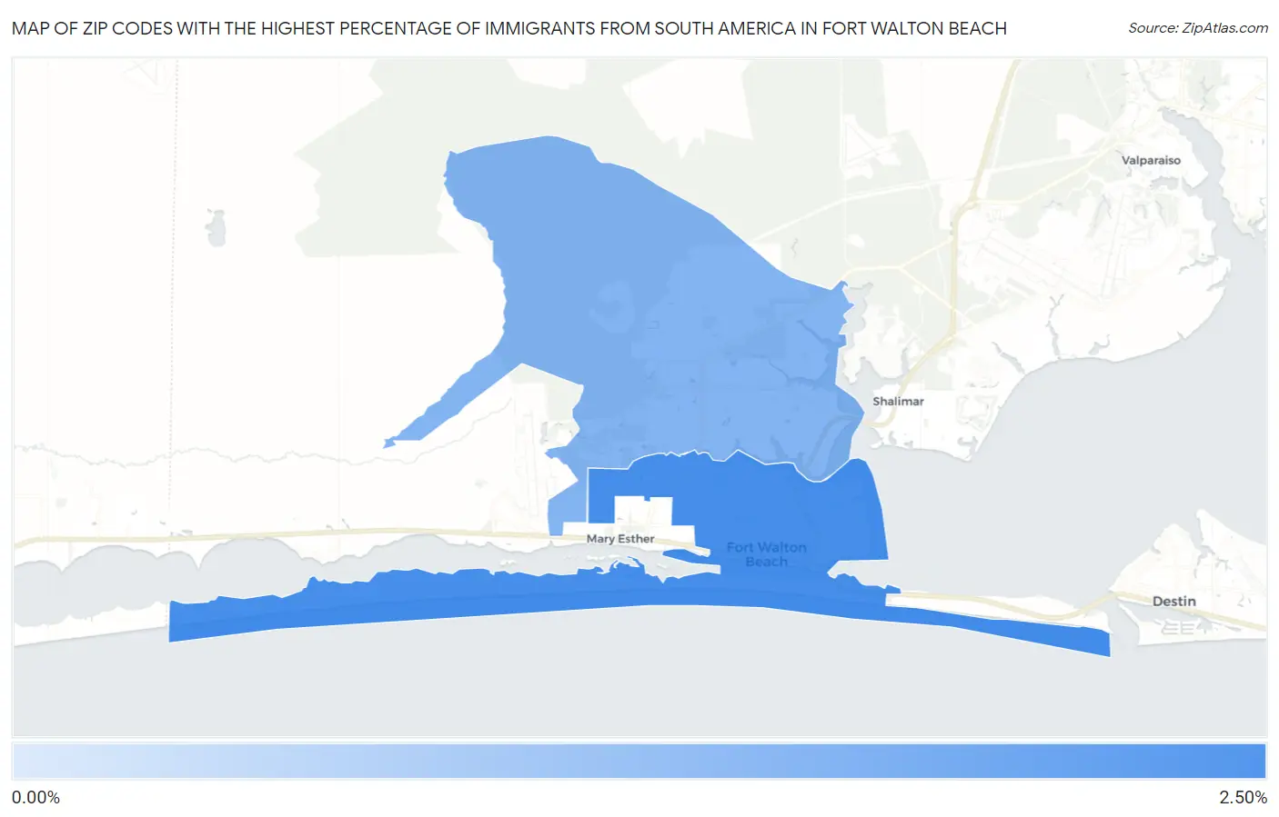 Zip Codes with the Highest Percentage of Immigrants from South America in Fort Walton Beach Map