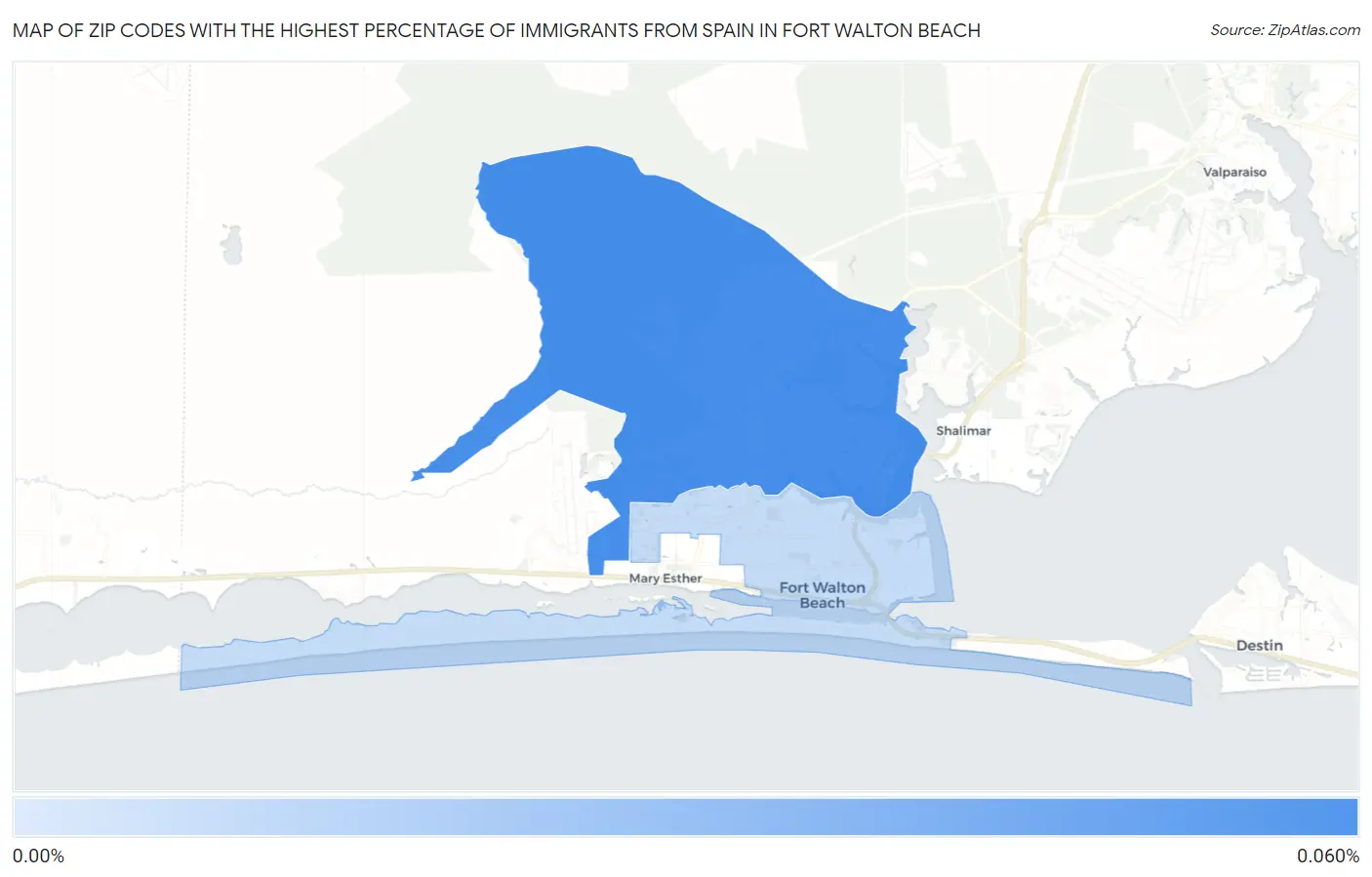 Zip Codes with the Highest Percentage of Immigrants from Spain in Fort Walton Beach Map
