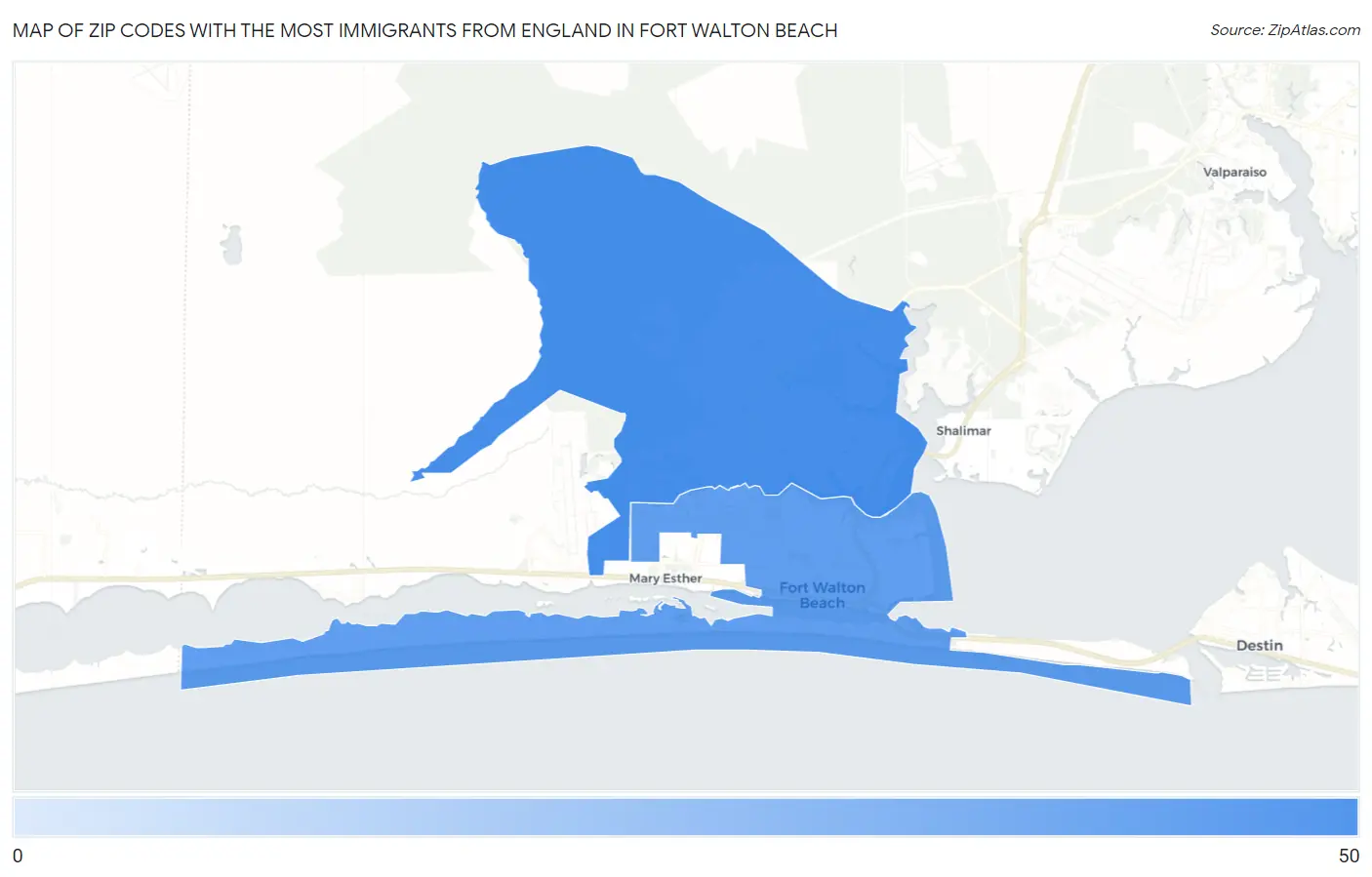 Zip Codes with the Most Immigrants from England in Fort Walton Beach Map