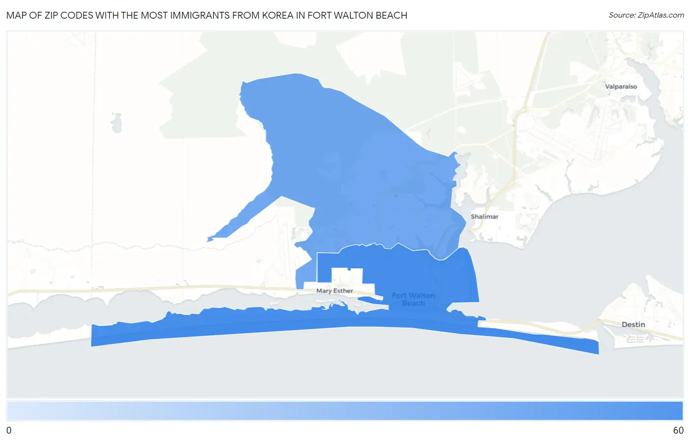 Zip Codes with the Most Immigrants from Korea in Fort Walton Beach Map