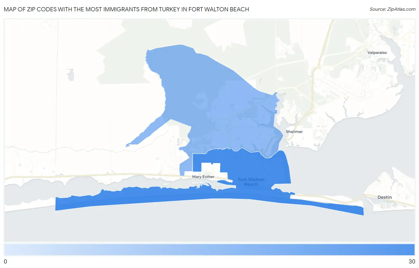 Zip Codes with the Most Immigrants from Turkey in Fort Walton Beach Map