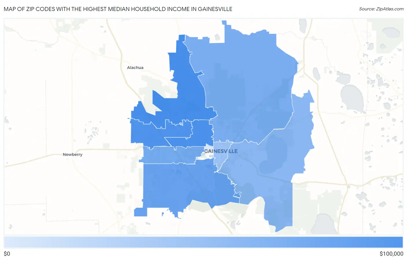 Zip Codes with the Highest Median Household Income in Gainesville Map