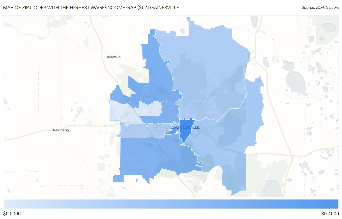 Zip Codes with the Highest Wage/Income Gap ($) in Gainesville Map