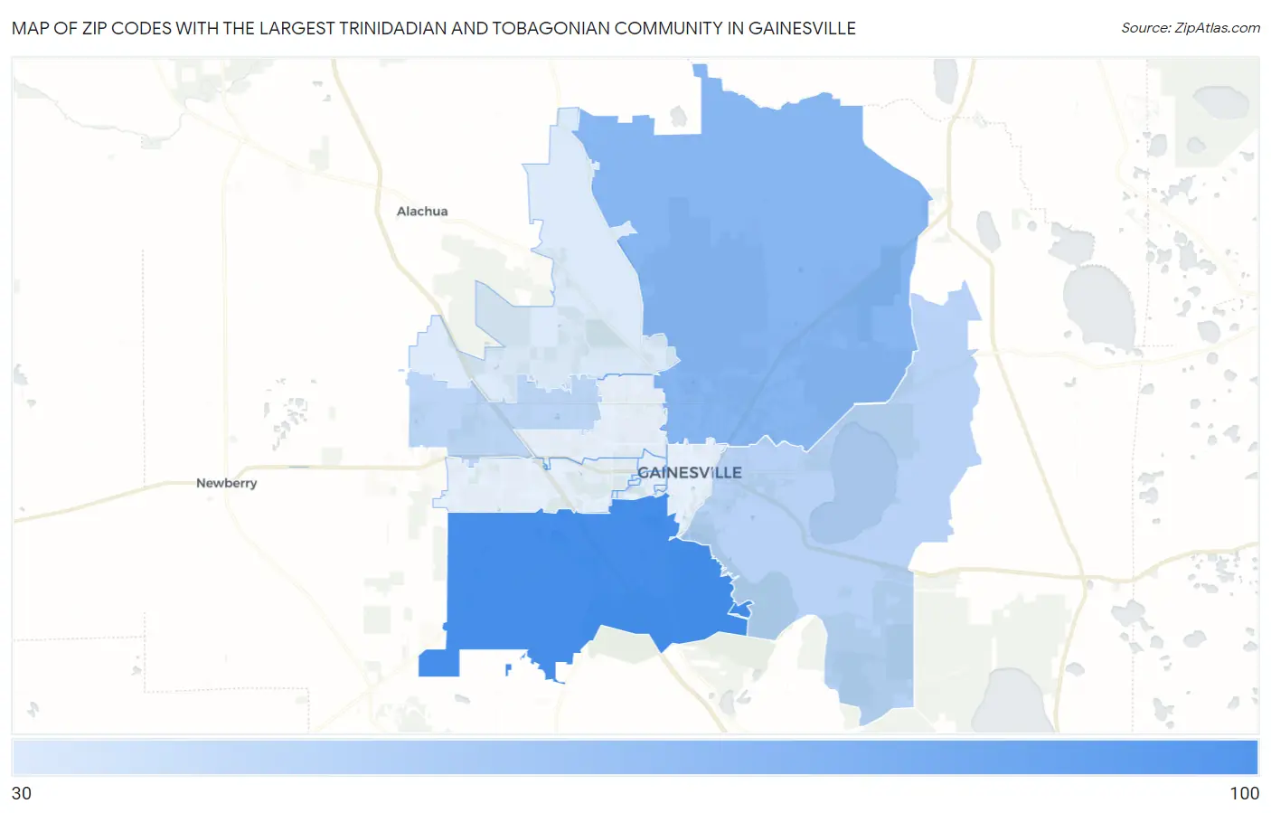Zip Codes with the Largest Trinidadian and Tobagonian Community in Gainesville Map
