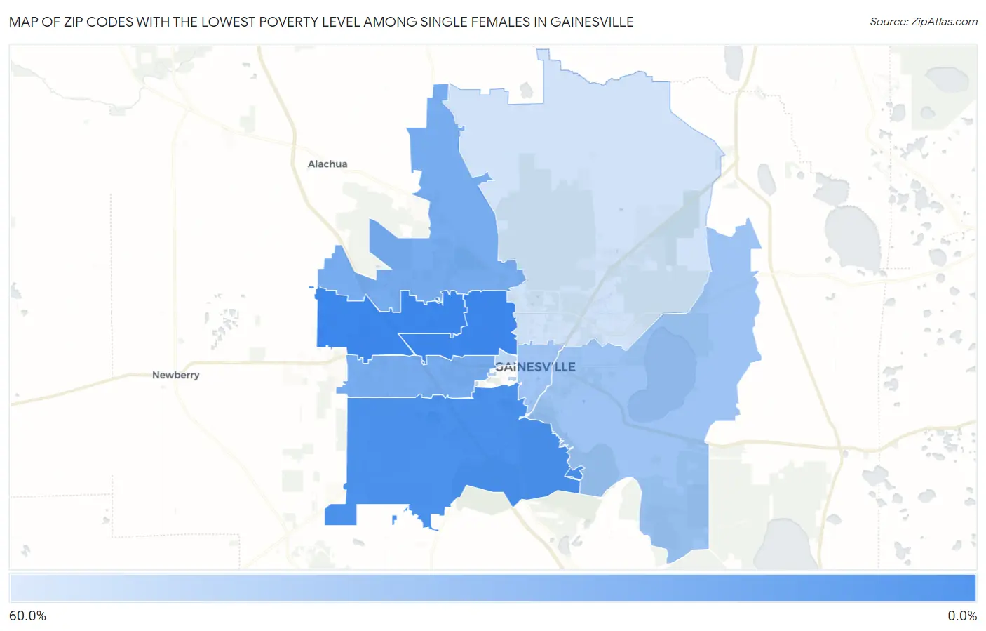Zip Codes with the Lowest Poverty Level Among Single Females in Gainesville Map