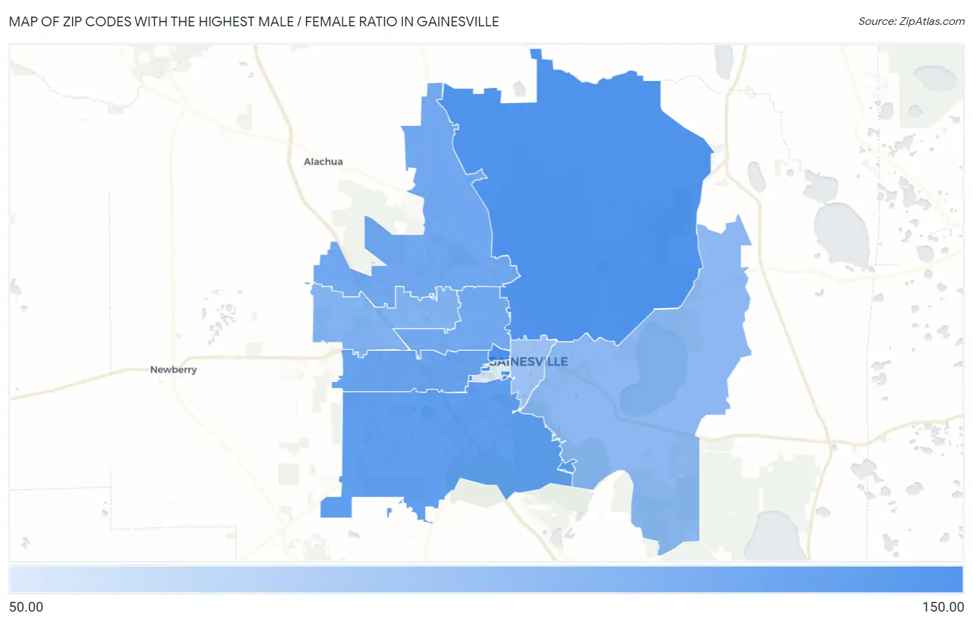 Zip Codes with the Highest Male / Female Ratio in Gainesville Map